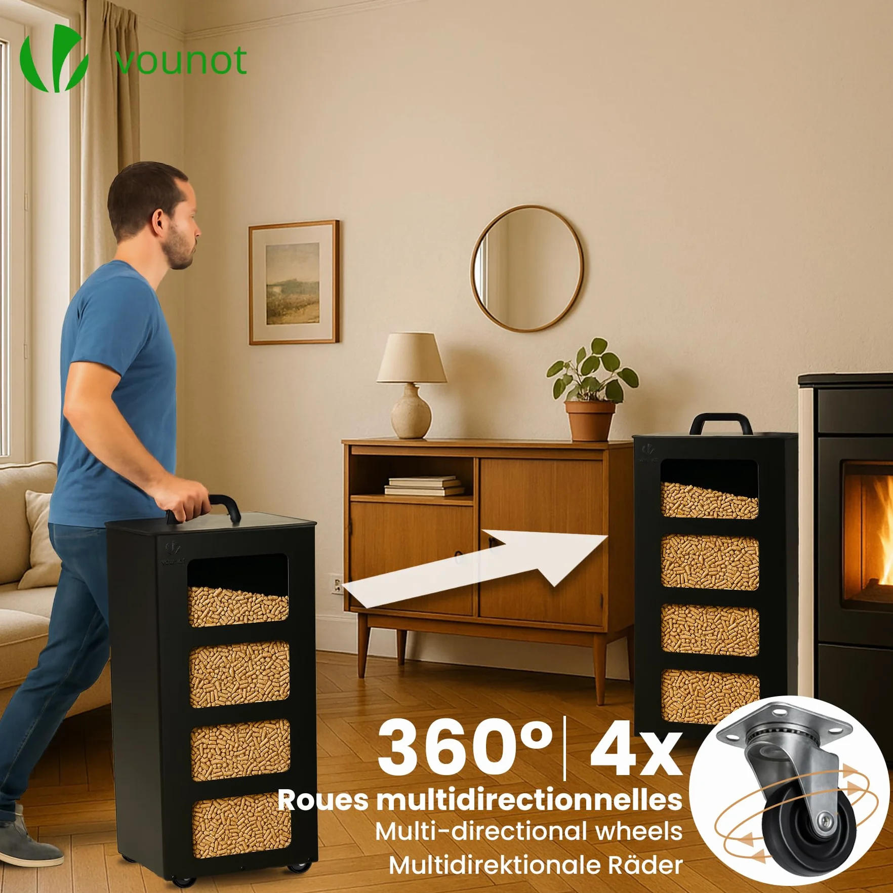 Réservoir à Granulés en Métal 45kg avec Roulettes et Tamis Amovible 36x36x76cm Noir