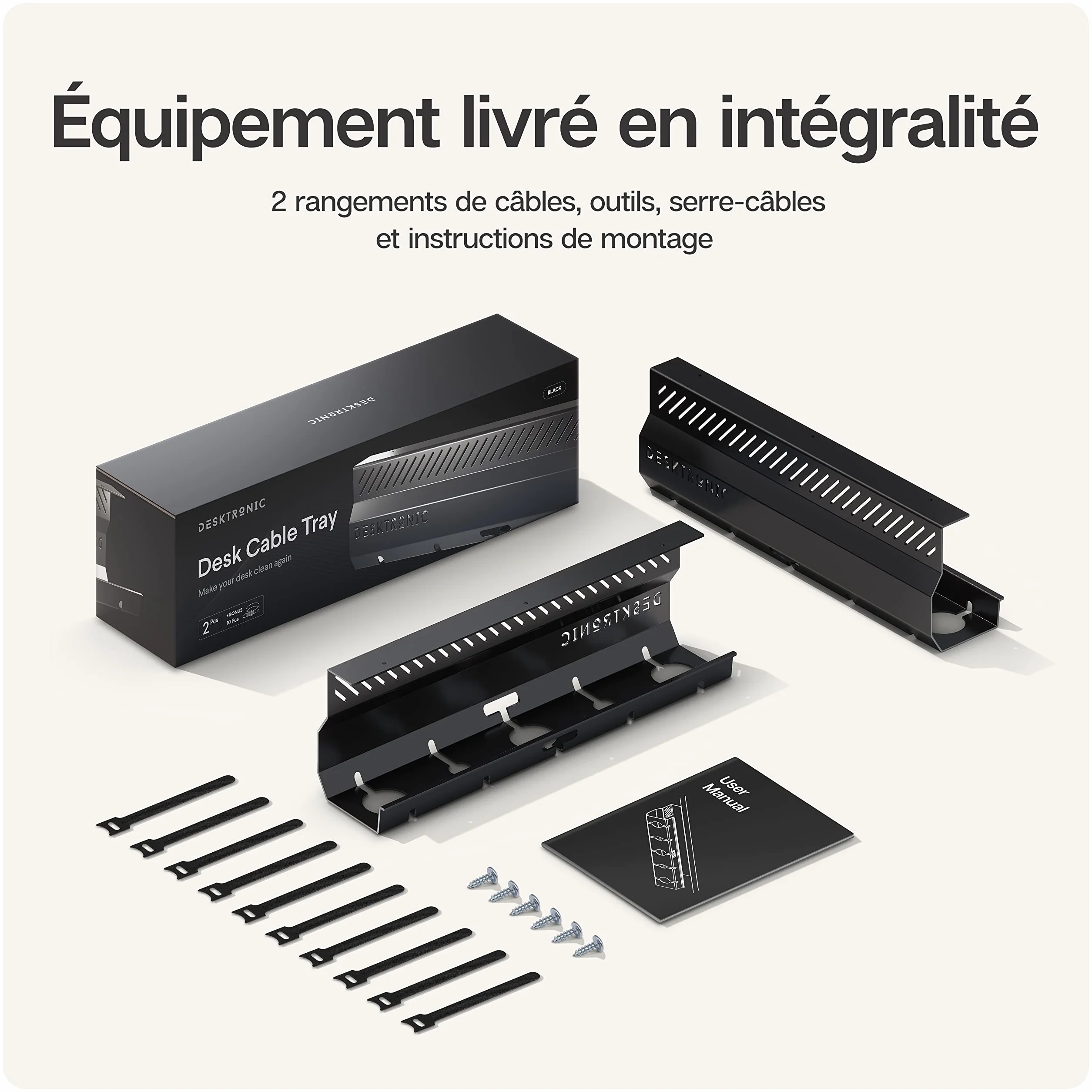 Lot de 2 Goulottes de Câbles de Bureau en Acier Inoxydable avec 5 Découpes - Noir