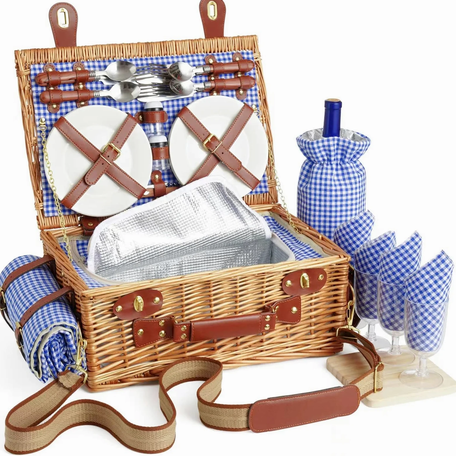 Panier de pique-nique en osier pour 4 personnes avec compartiment isotherme et couverture de pique-nique imperméable, sangle amovible, sac à vin, la randonnée, le barbecue et les couples
