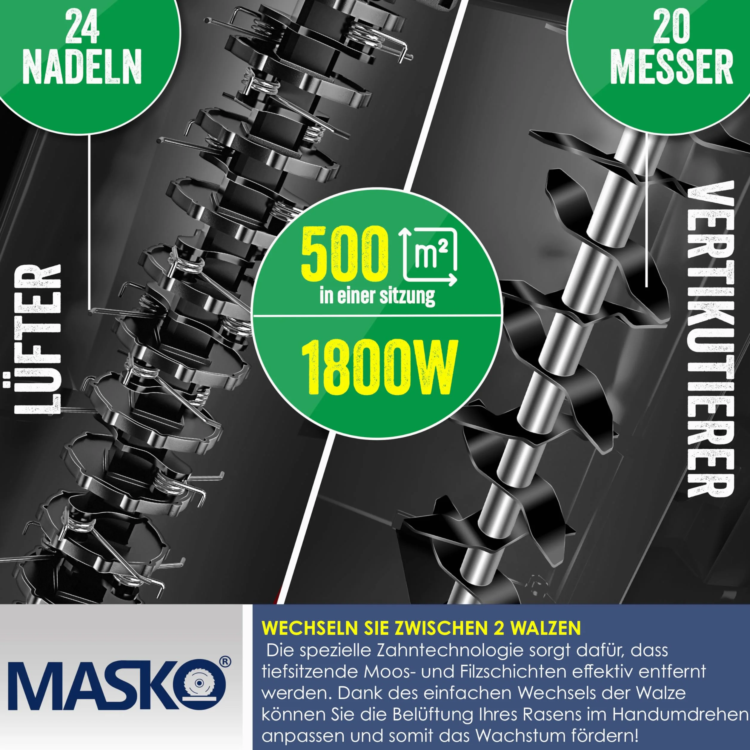 MASKO® Scarificateur électrique 2 en 1 Aérateur de gazon 1 800 watts largeur de travail 40 cm bac de ramassage 55 L incluant rouleau de ventilation aérateur démousseur, profondeur de travail, rouge