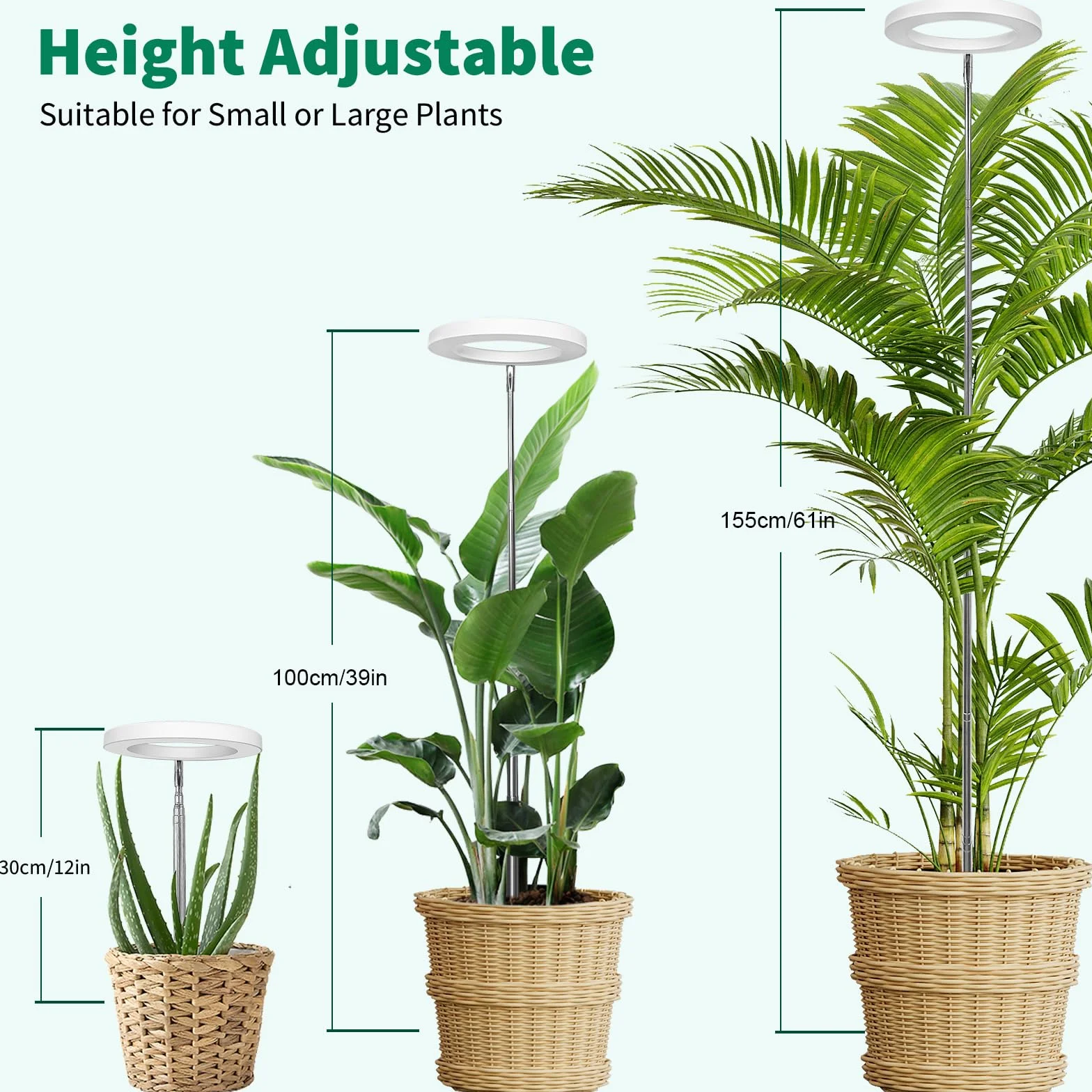 Qoolife Lampe Végétale LED à spectre complet pour plantes d'intérieur, 155 cm, hauteur réglable avec 72 LED, 3 niveaux de luminosité à intensité variable, minuterie 3/9/12 heures 2 paquets Blanc