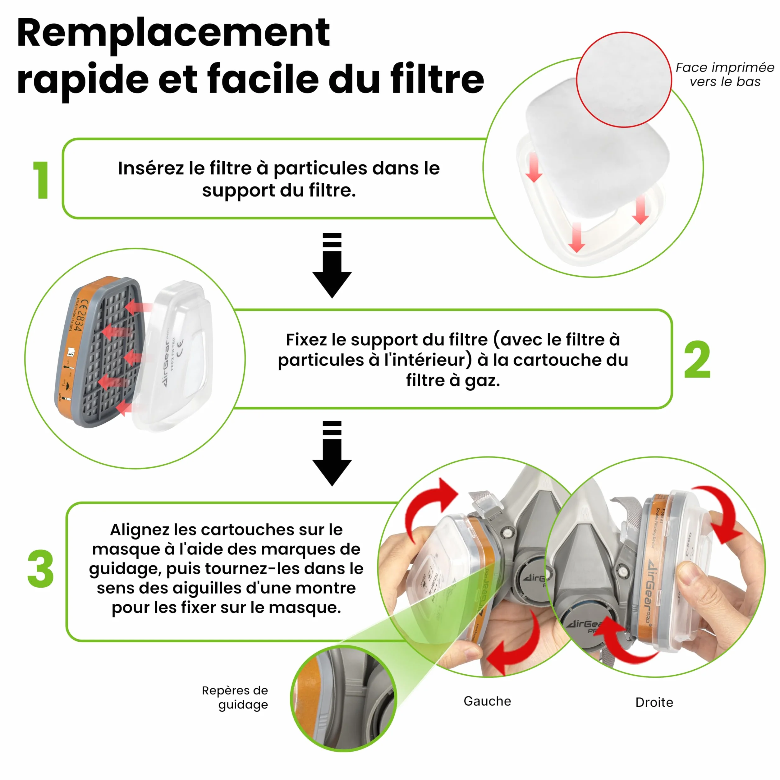 AirGearPro G-500 Masque de Protection Respiratoire Réutilisable Anti poussière Gaz avec Filtres et Lunettes de Protection