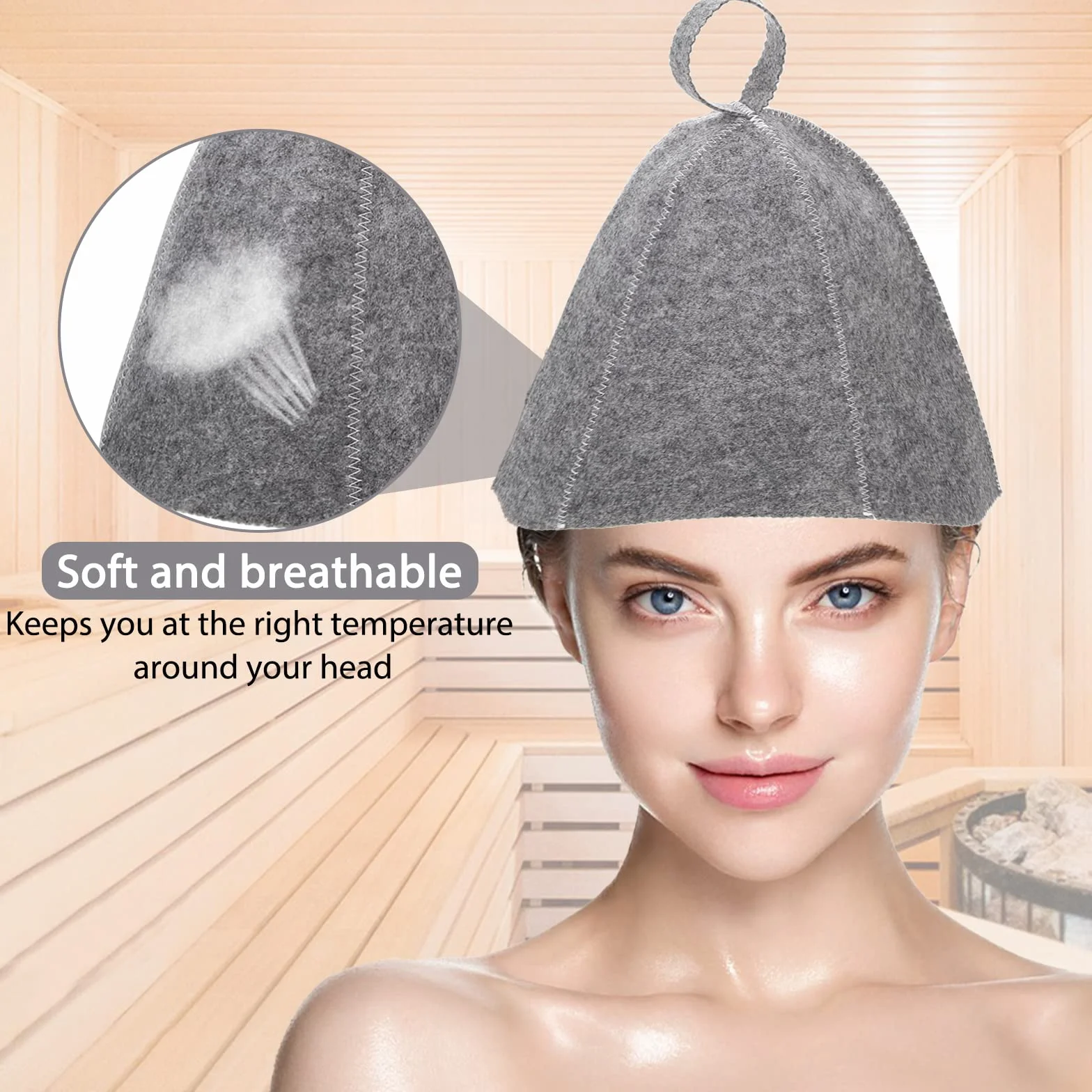 Bonnet de Sauna en Feutre Gris 3 Pièces pour Femmes et Hommes