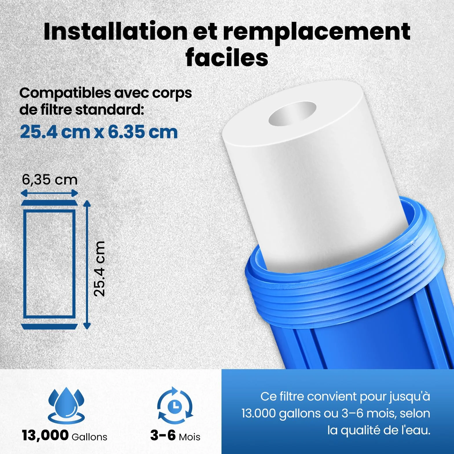 PUREPLUS Filtre à eau à sédiments 5 microns 10" x 2.5" Lot de 4 Cartouches Compatible Big Blue