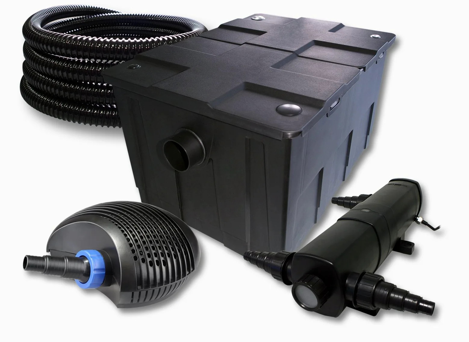 SunSun Kit complet: CBF-550 Filtre de bassin jusqu'à 60000 L Biologique, CTF-6000 SuperECO pompe de filtration 6000l/h 40W, CUV-224 lampe uv UVC Clarificateur avec 24W, 25m Tuyau 25 mm