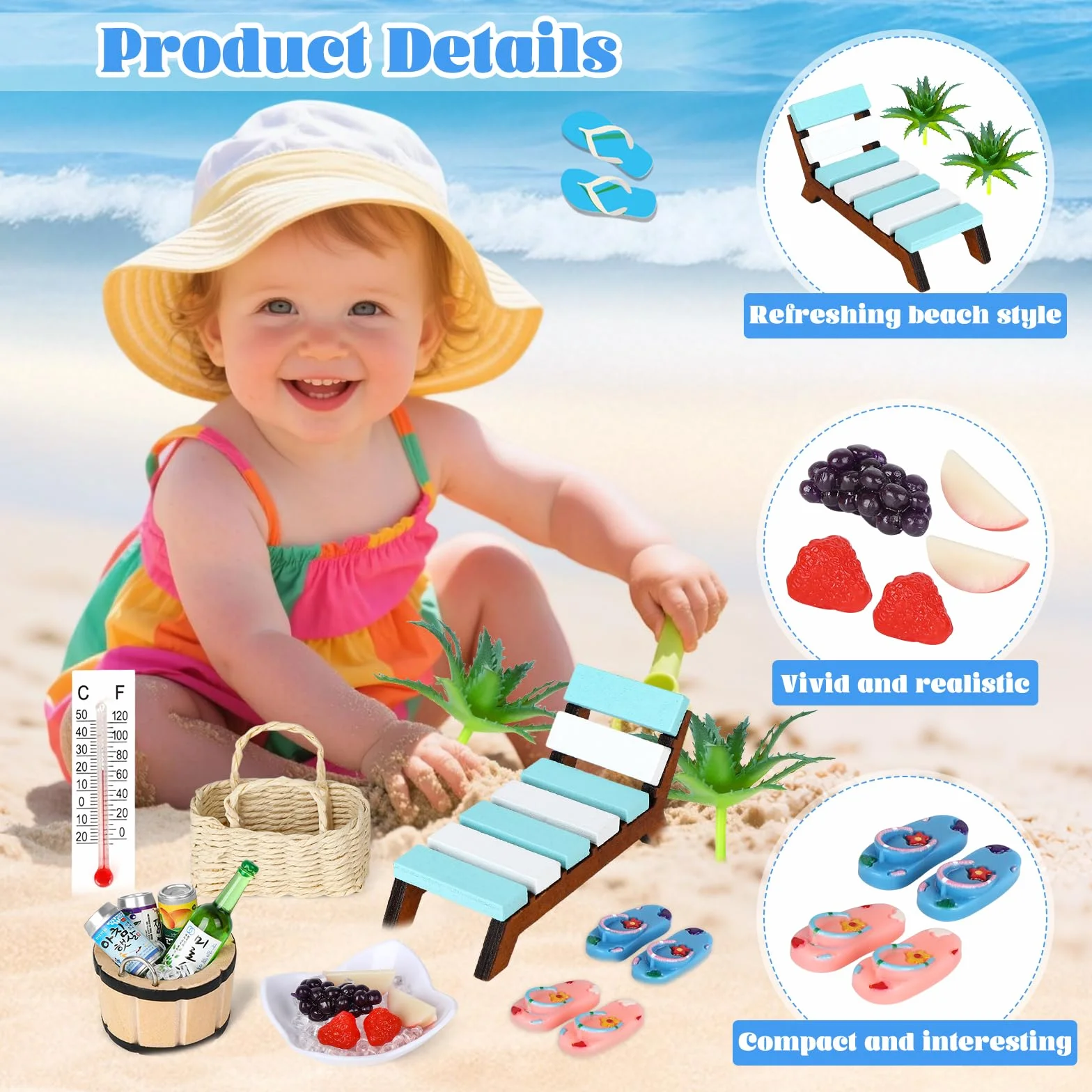 Miniatures Accessoires de Sauna 19 Pièces, Décoration de Plage Miniature pour Jardin DIY et Photo