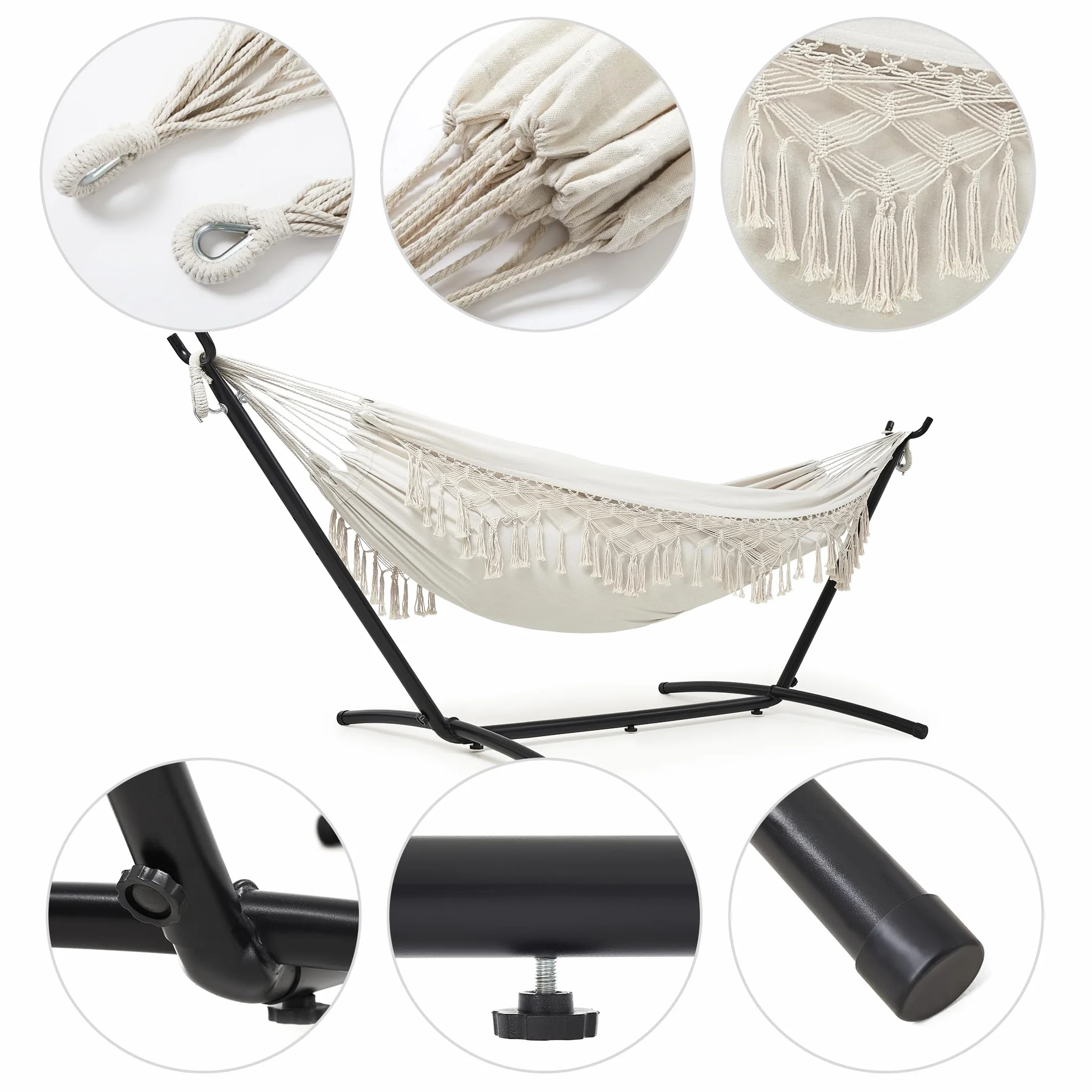 Hamac bohème pour 2 Personnes avec Support Réglable en Hauteur, Cadre métallique, Beige