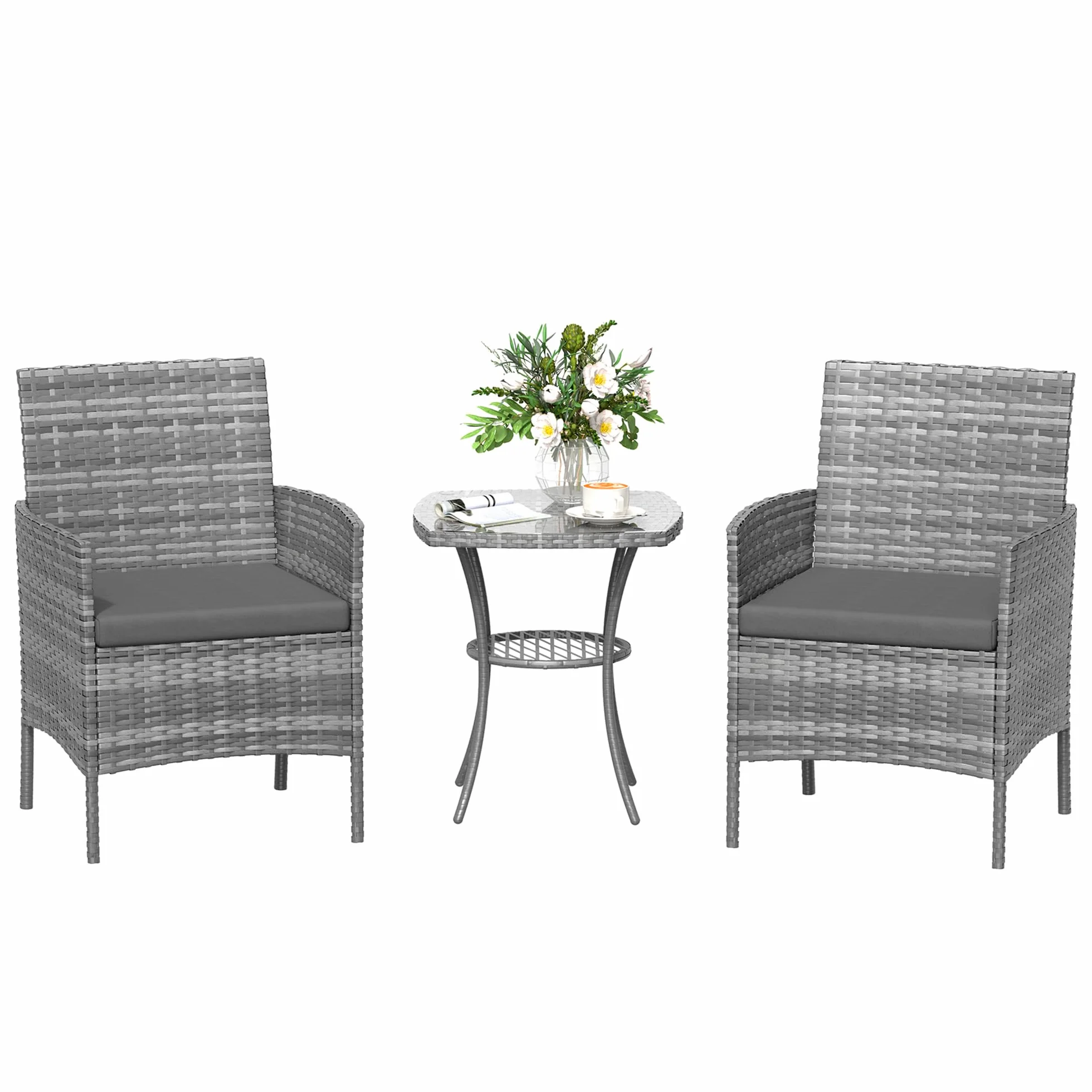 Amopatio Ensemble de meubles de jardin en rotin 3 pièces - Petit salon de jardin extérieur résistant aux intempéries - Table de bistrot avec 2 chaises - Meubles de terrasse pour terrasse, balcon, Gris