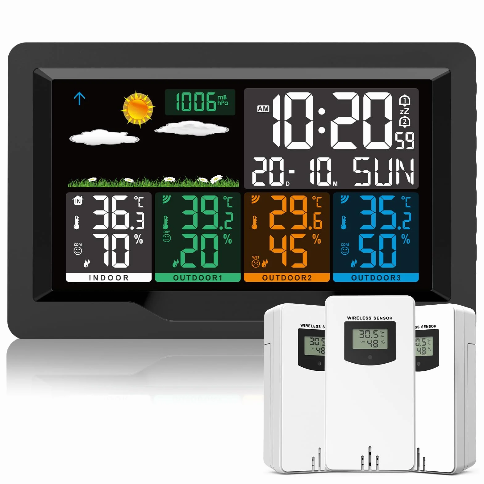 Station Météo sans Fil avec Capteur Thermomètre Hygromètre Intérieure Extérieure Ecran LCD Calendrier Horloge Réveil Prévisions 12cm