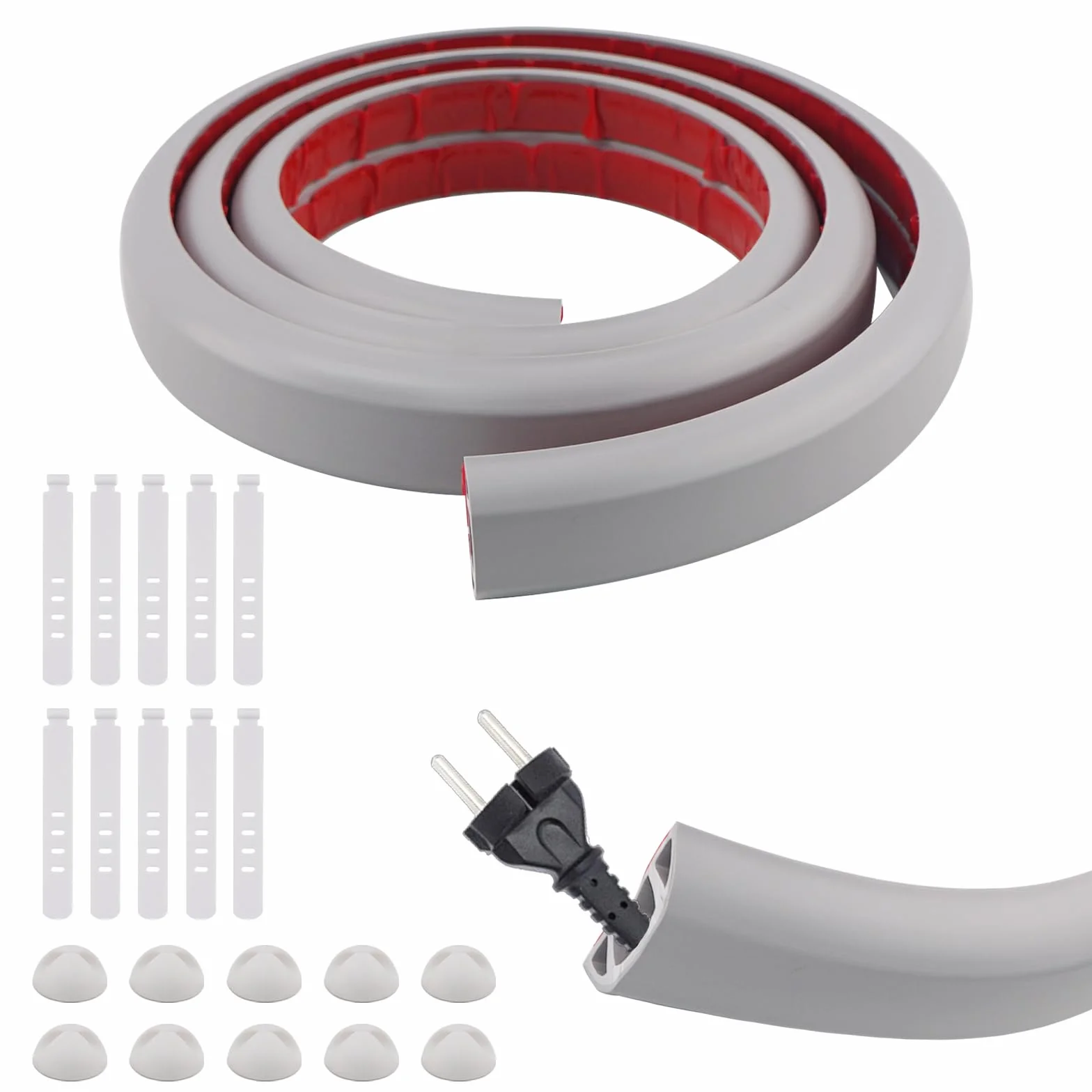 Cache Câble Sol PVC Flexible 20x10 mm Gris avec Bandes de Rangement et Clips
