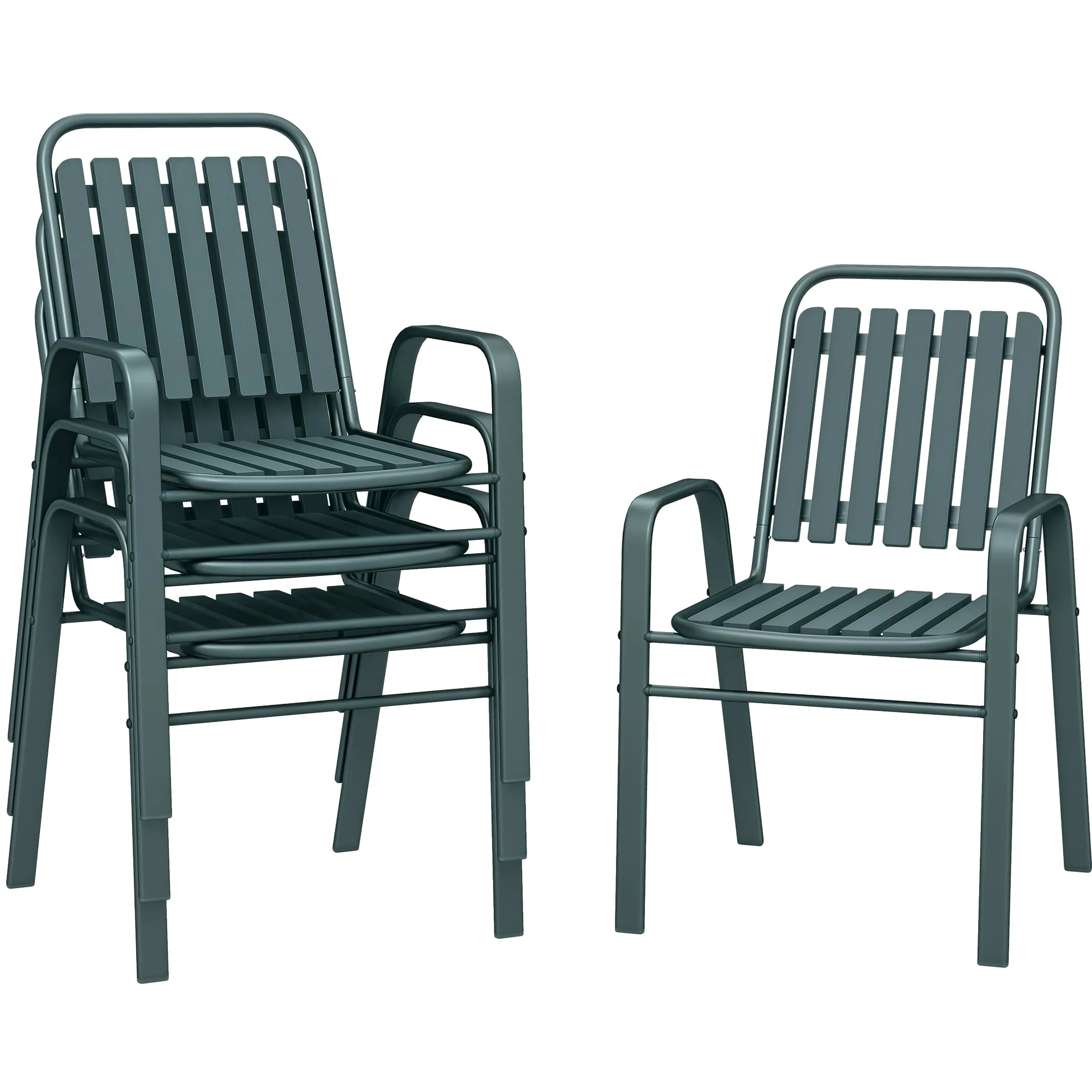 Outsunny Lot de 4 chaises de Jardin chaises empilables d'extérieur avec Haut Dossier et accoudoirs, Cadre en Acier pour Jardin, Piscine, terrasse, Gris