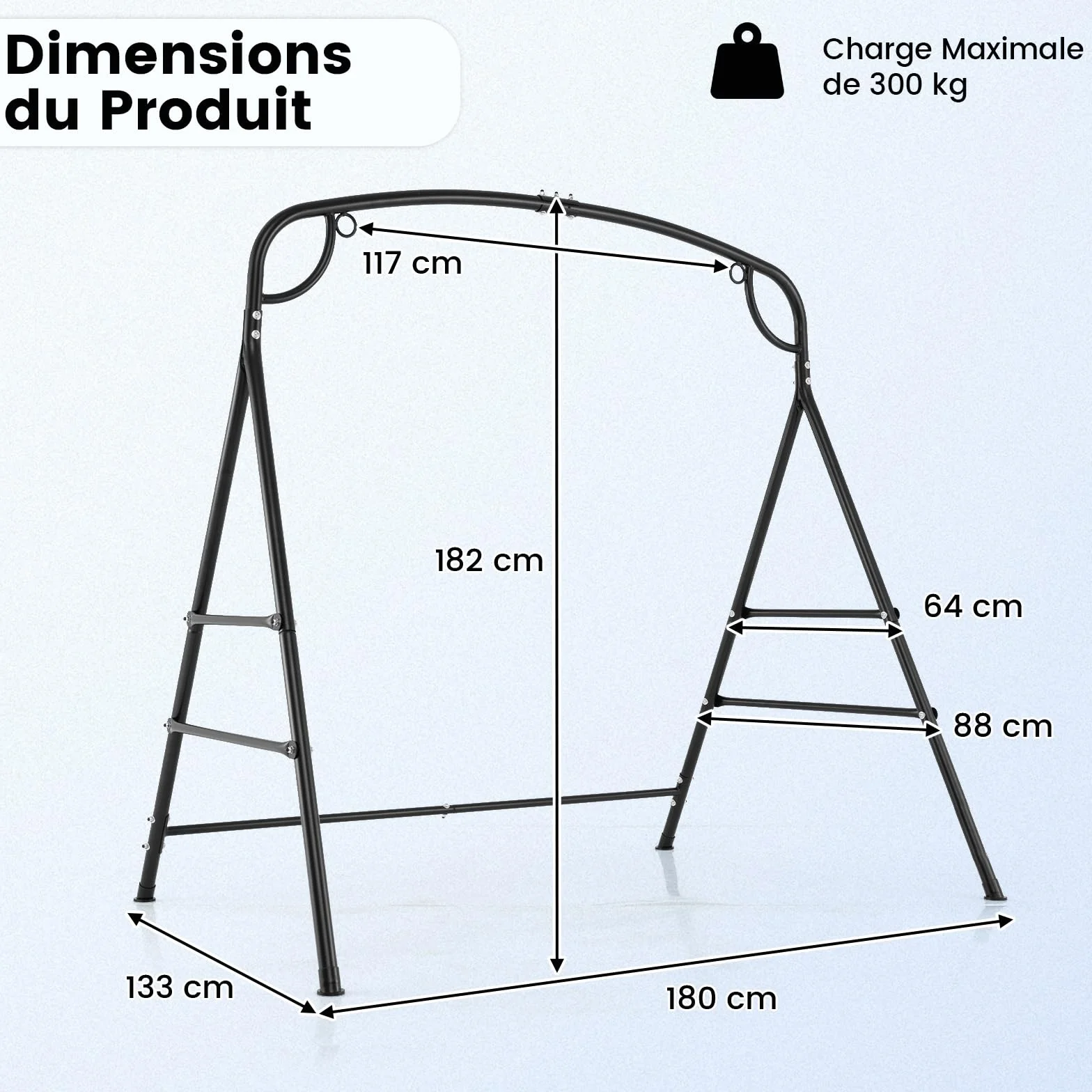 COSTWAY Cadre de Balançoire en Métal 300KG, Support Balancelle Forme A avec Barres Latérales Doubles, 180 x 133 x 182 cm