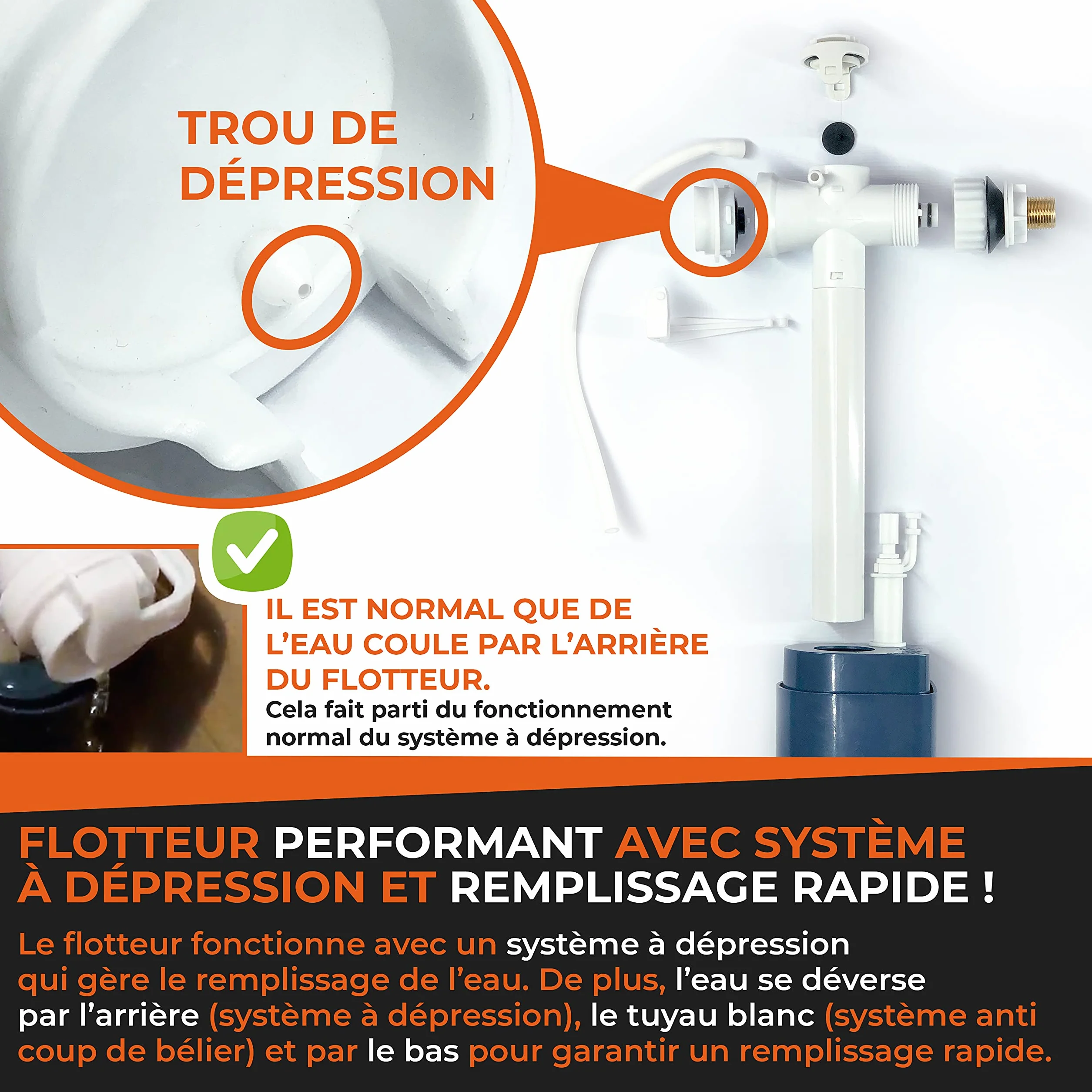 Flotteur WC Durable Robinet à Mécanisme Horizontal pour Toilette avec Joint et Filtre Garantie 10 ans