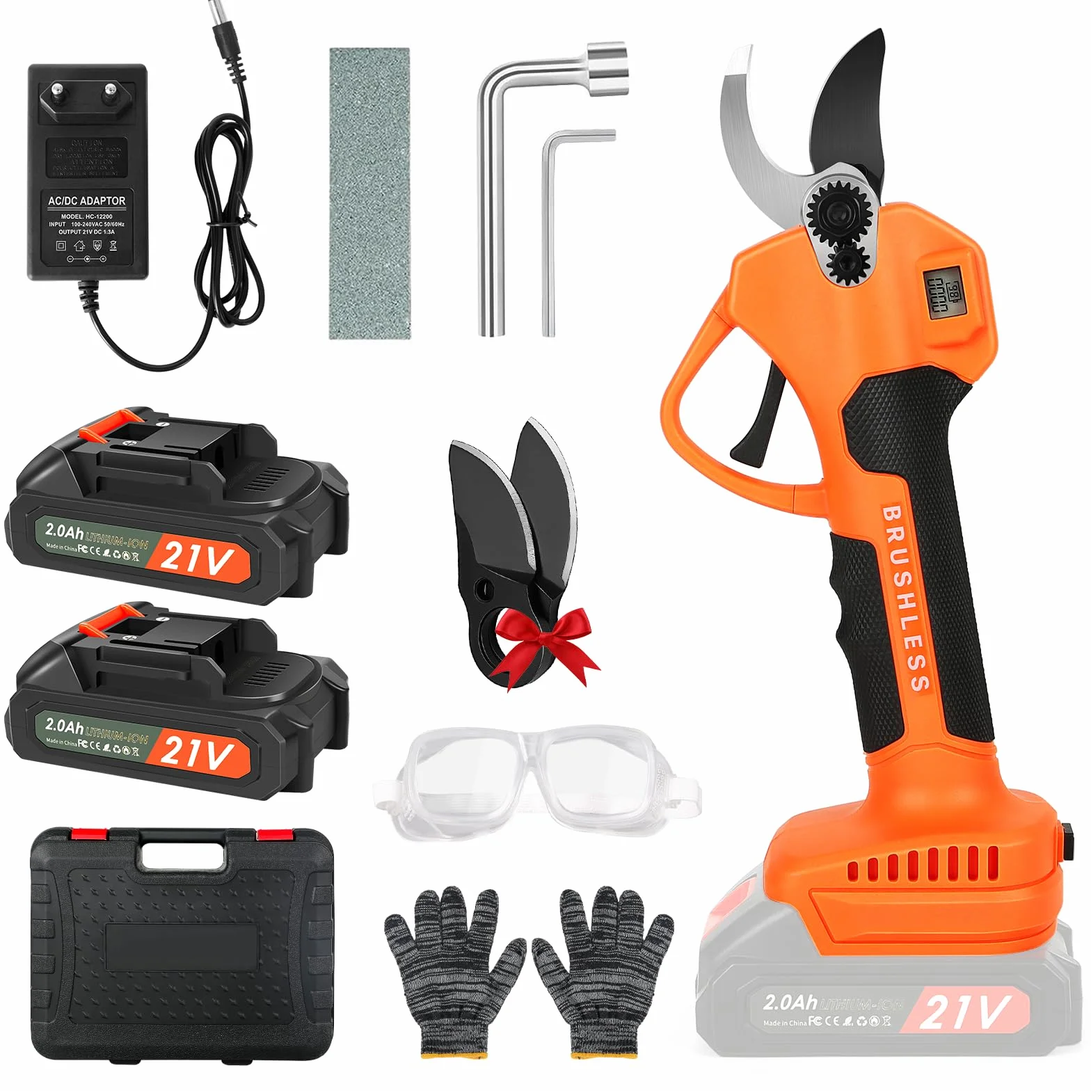 Sécateur électrique sans fil avec affichage LCD, Sécateur de jardin électrique portable avec 2 batteries de 2000mAh et lames SK5 max 40 mm, Sécateurs électriques professionnels pour l'élagage des