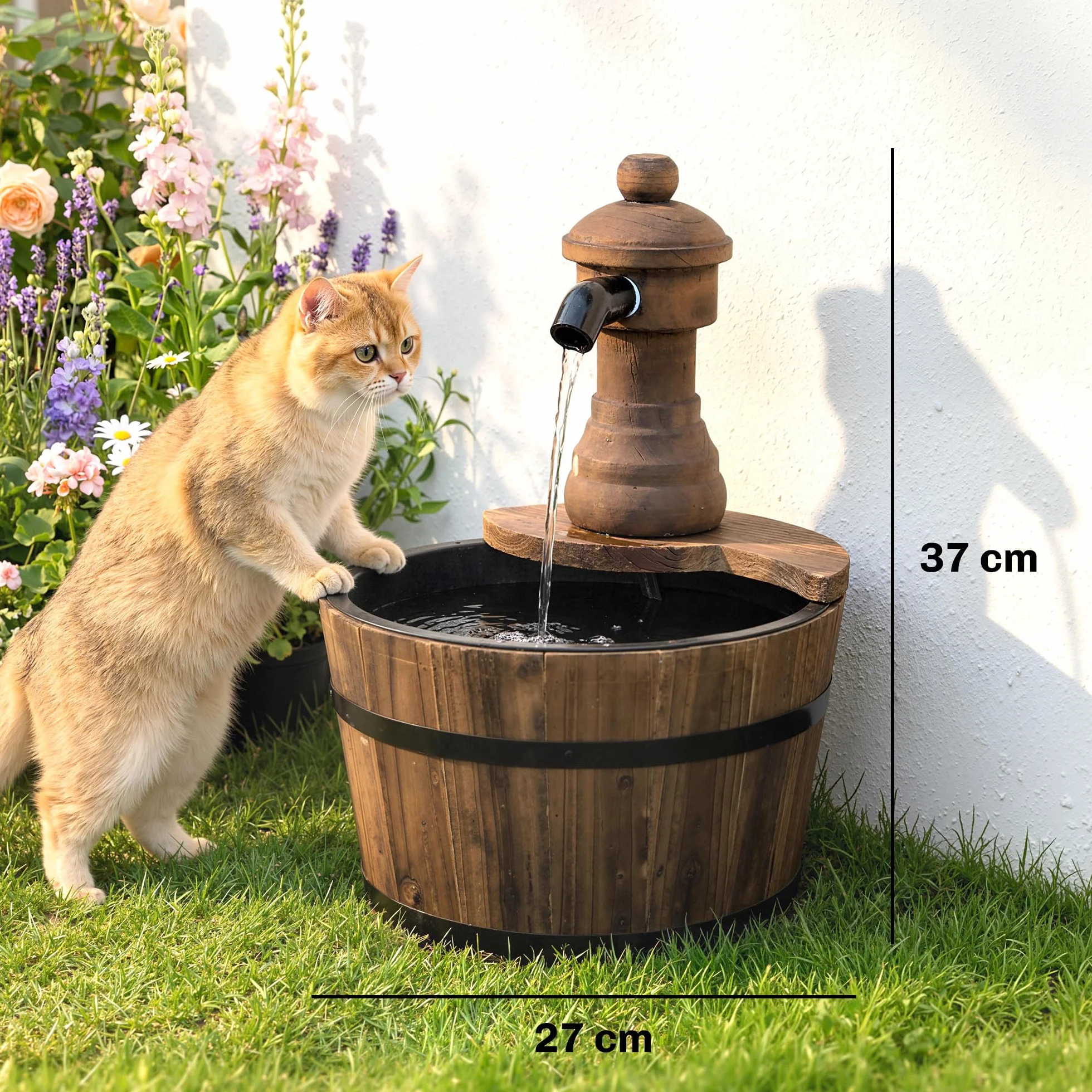 Outsunny Fontaine de Jardin Tonneau Pompe à Eau Submersible Ø 27 x 37H cm Bois de Pin Marron