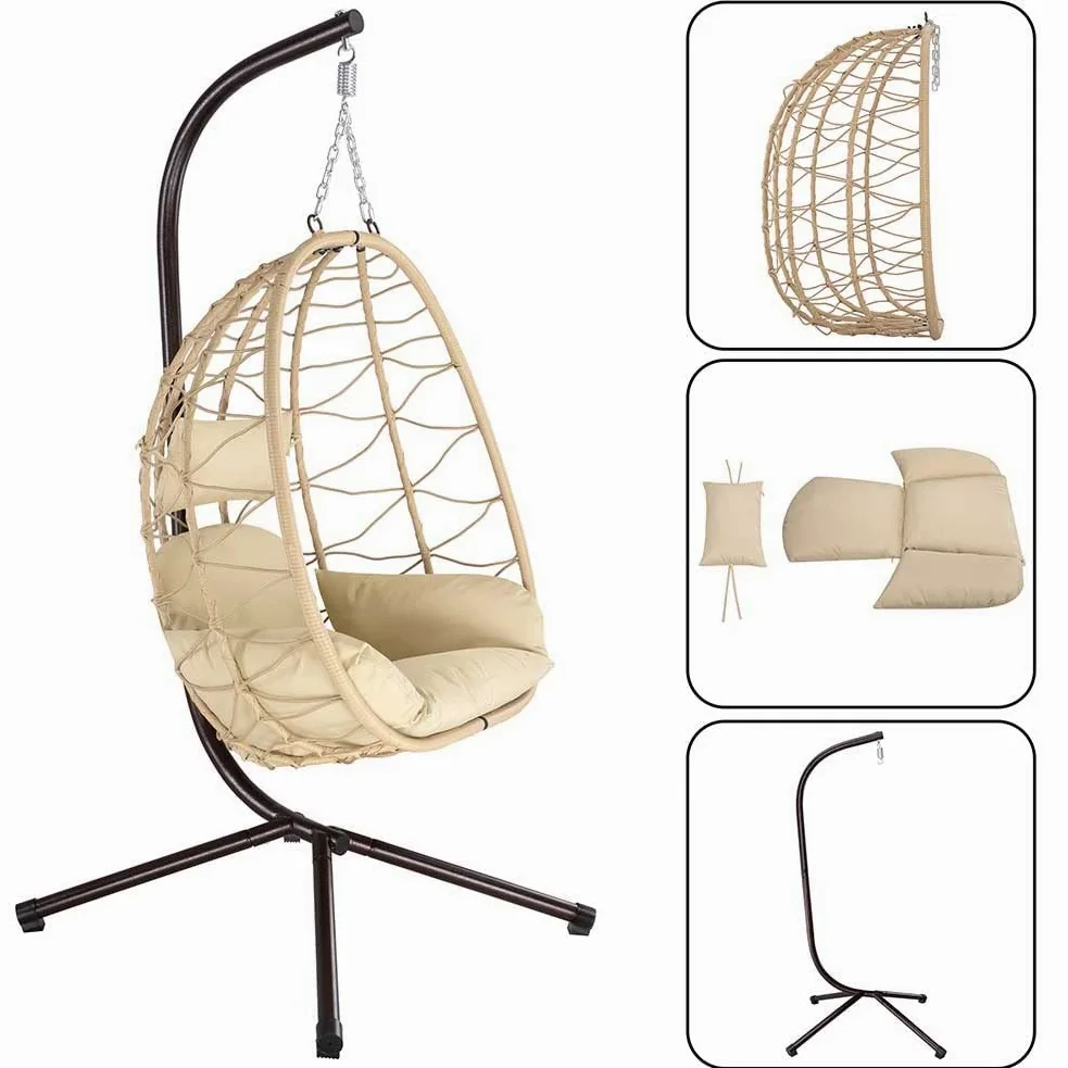 Bakaji Fauteuil Suspendu de Jardin, Chaise balançoire hamac d'extérieur Structure en métal nid en rotin et Corde + Coussin rembourré et appuie-tête Design Moderne 198 x 110 x 95 cm (Beige)