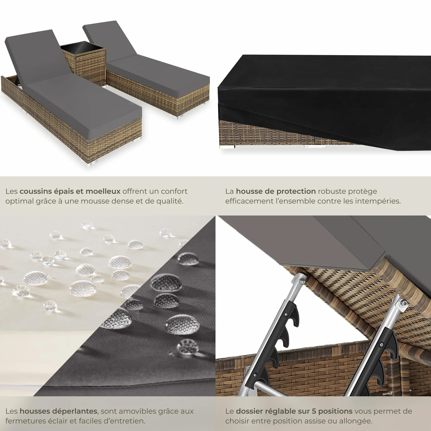 Tectake Set de 2x Chaise Longue Bain de Soleil avec Dossier réglable + Table de Jardin Aluminium Resine Tressee + Housses - Marron Naturel