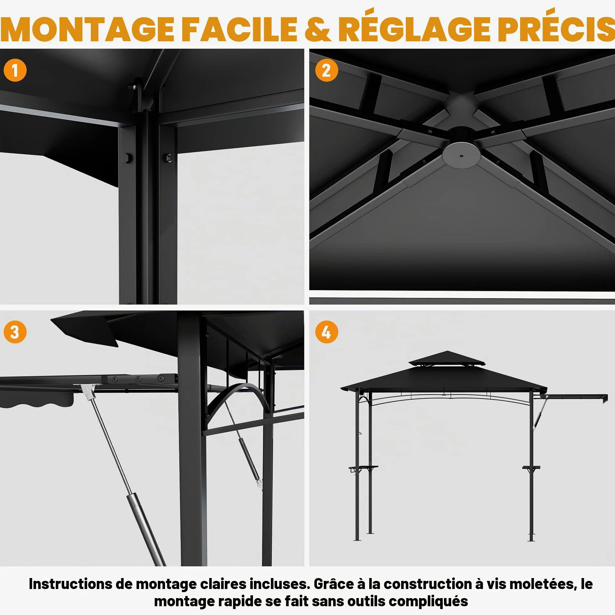 Tonnelle pour barbecue noire avec double toit et store latéral escamotable, 245x141 cm - Tonnelle pour barbecue avec cadre en métal et étagères pratiques, abris de jardin résistants aux