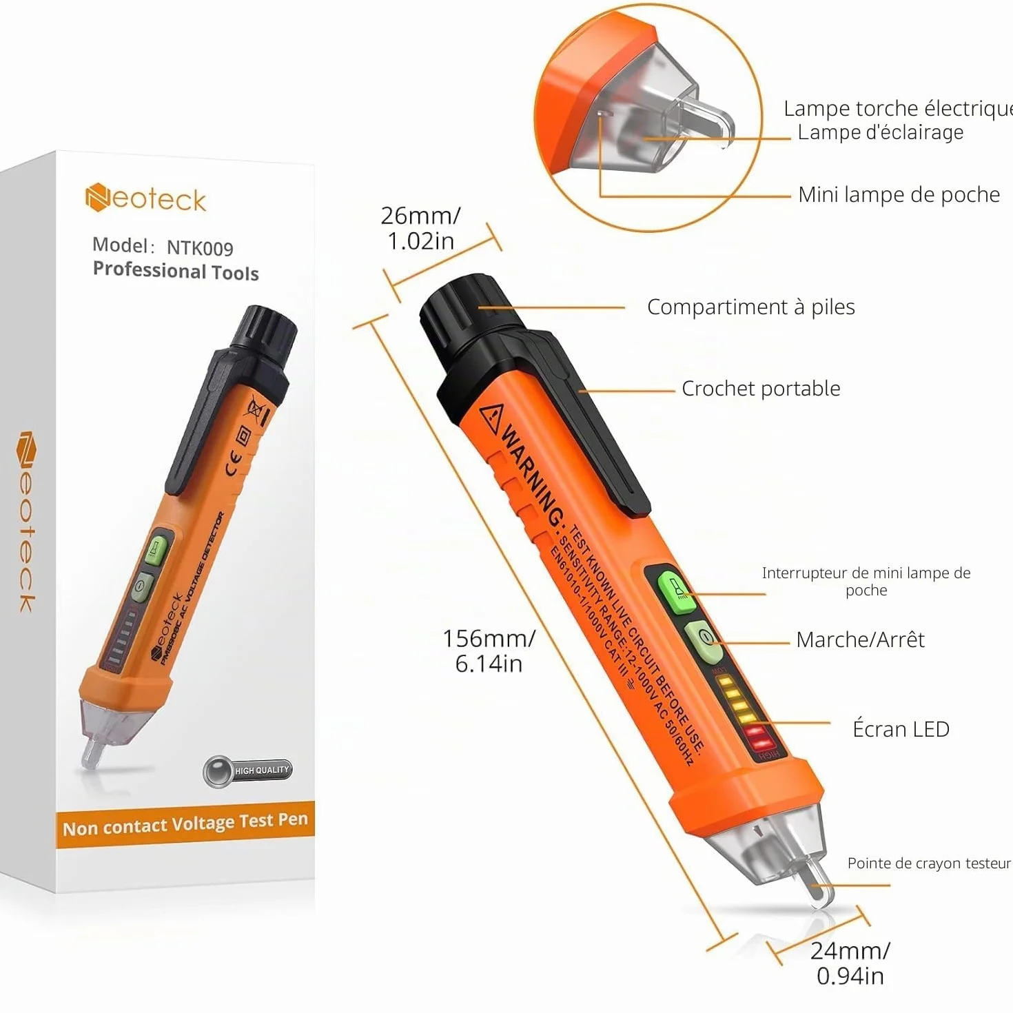Neoteck Détecteur de Tension Sans Contact 12-1000V, Stylo Testeur NCV AC 50-500Hz