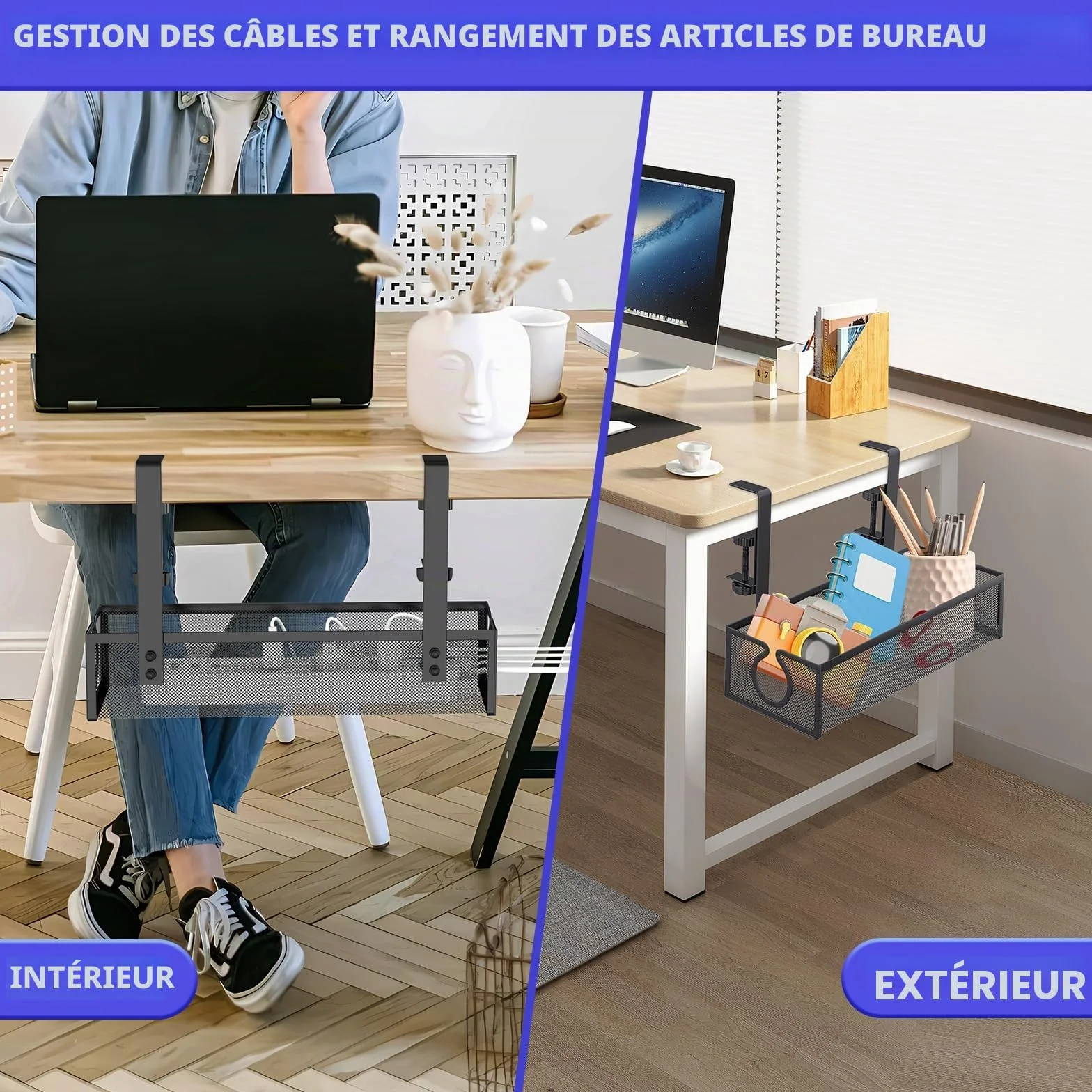 DECOHOME Plateau de Gestion des câbles sous Bureau, Panier de câbles en Maille sans perçage, Organisateur de Fils