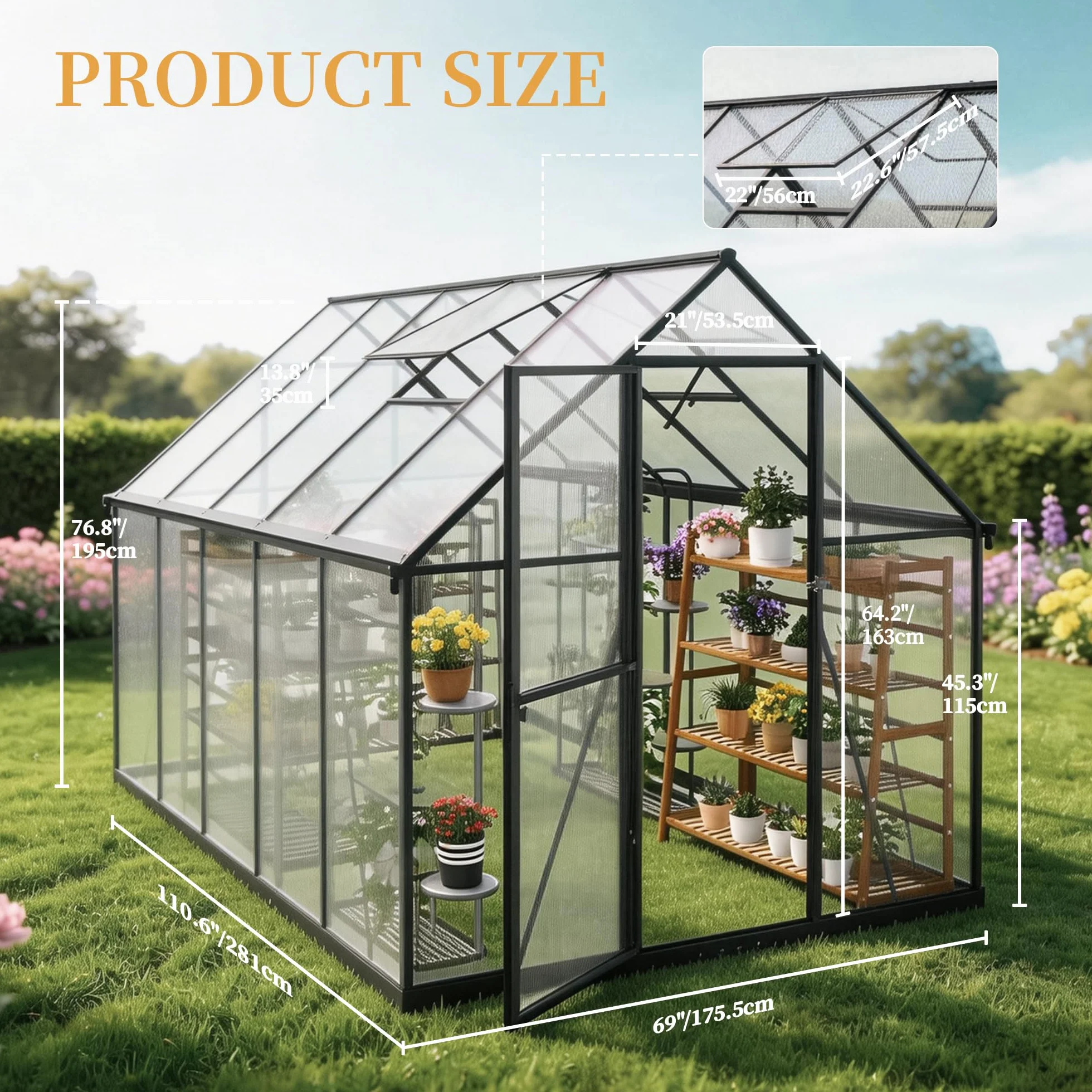 Serre de jardin en polycarbonate de 6 x 10 pieds praticable, maison de plantes de jardin extérieur avec ventilation, porte verrouillable, cadre en aluminium
