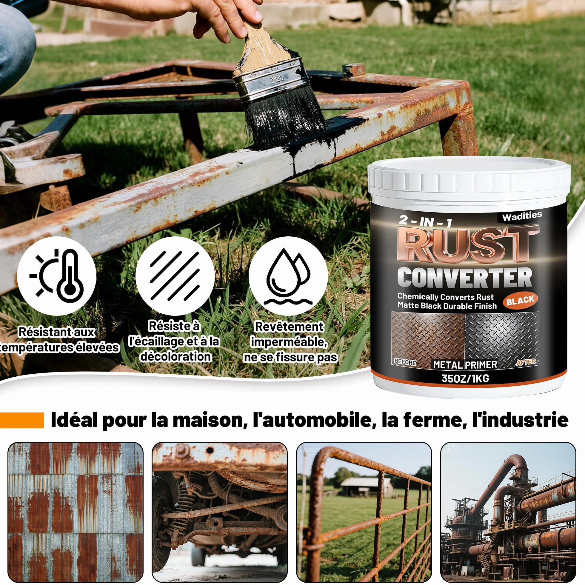 Wadities Convertisseur de rouille et apprêt métallique 2 en 1, 1kg peinture antirouille noire mate pour métal