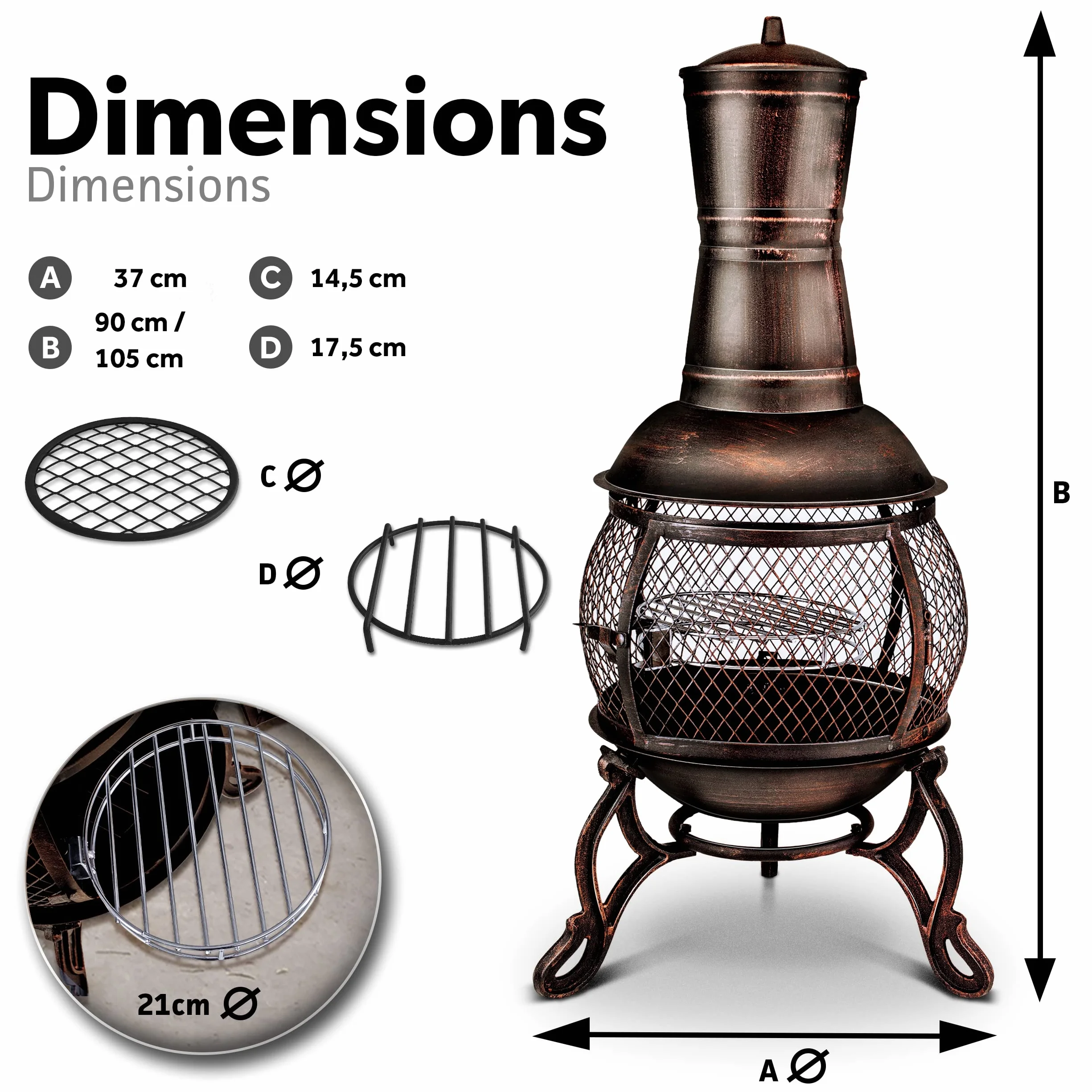 tillvex Cheminée de terrasse extérieure avec Grill | Brasero Mexicain avec Pare-étincelles | Chauffage de Jardin avec Housse | Poêle à Bois | Tisonnier + Grille, BBQ + Accessoires XXL (Bronze, 90)