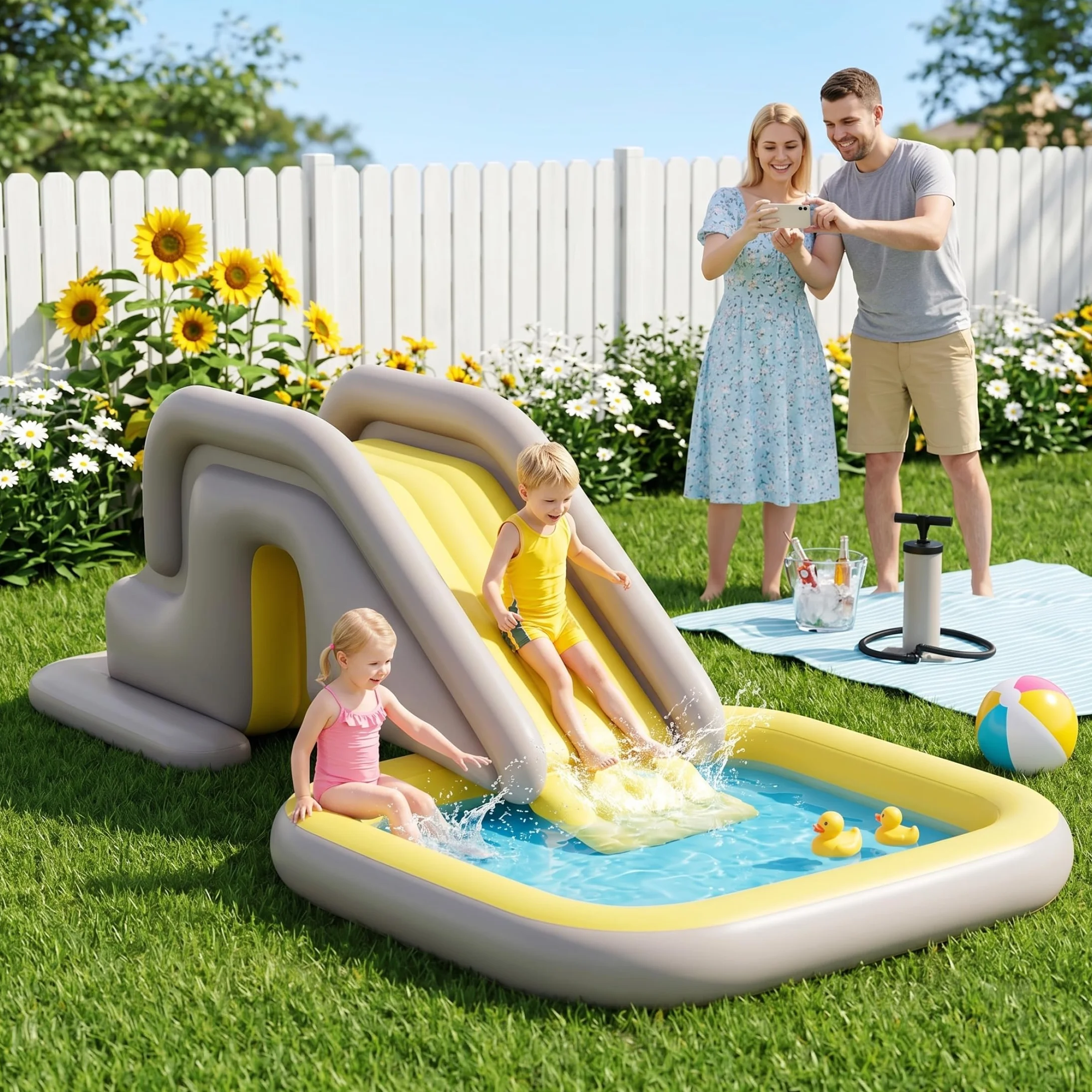 Toboggan de piscine gonflable, toboggan de piscine avec large base remplissable d'eau - Installation et rangement faciles PVC intérieur/extérieur pour enfants et adultes (kaki, avec pompe à pied), na