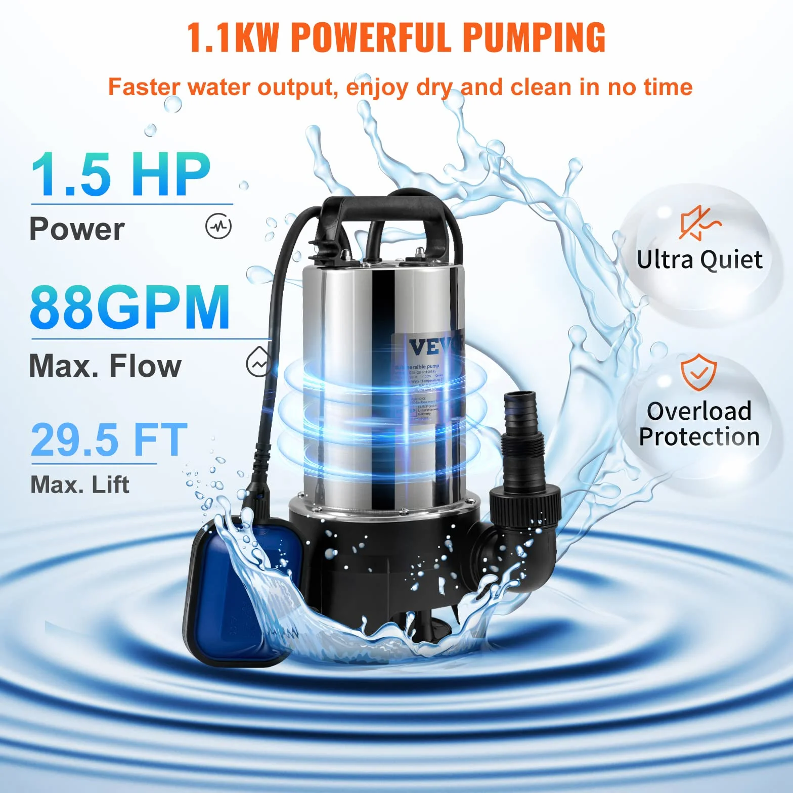 VEVOR Pompe de Relevage Eaux Chargées 1100 W 333,3 L/min Immergée