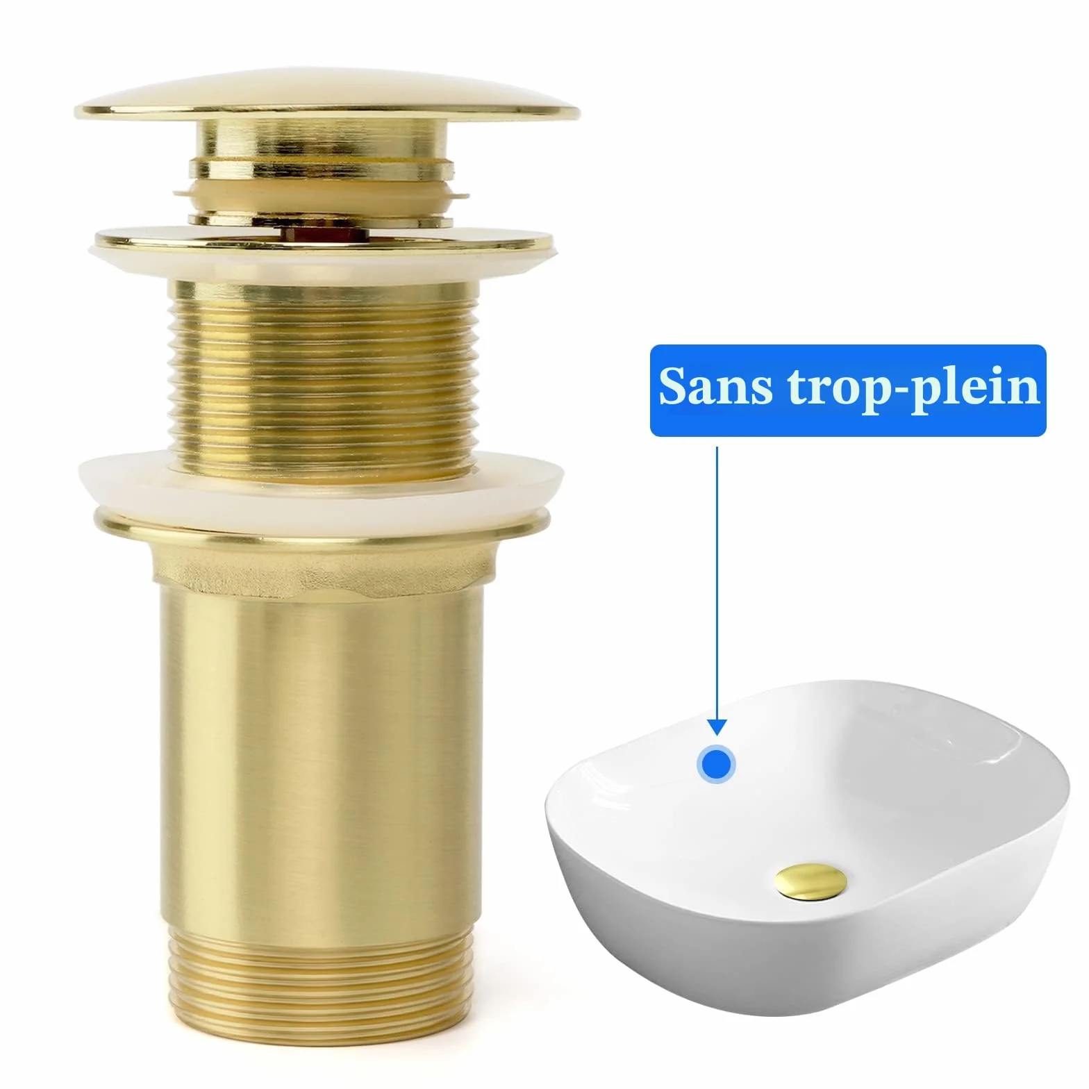 Bonde universel sans trop-plein en laiton massif pour lavabo et évier, or brossé