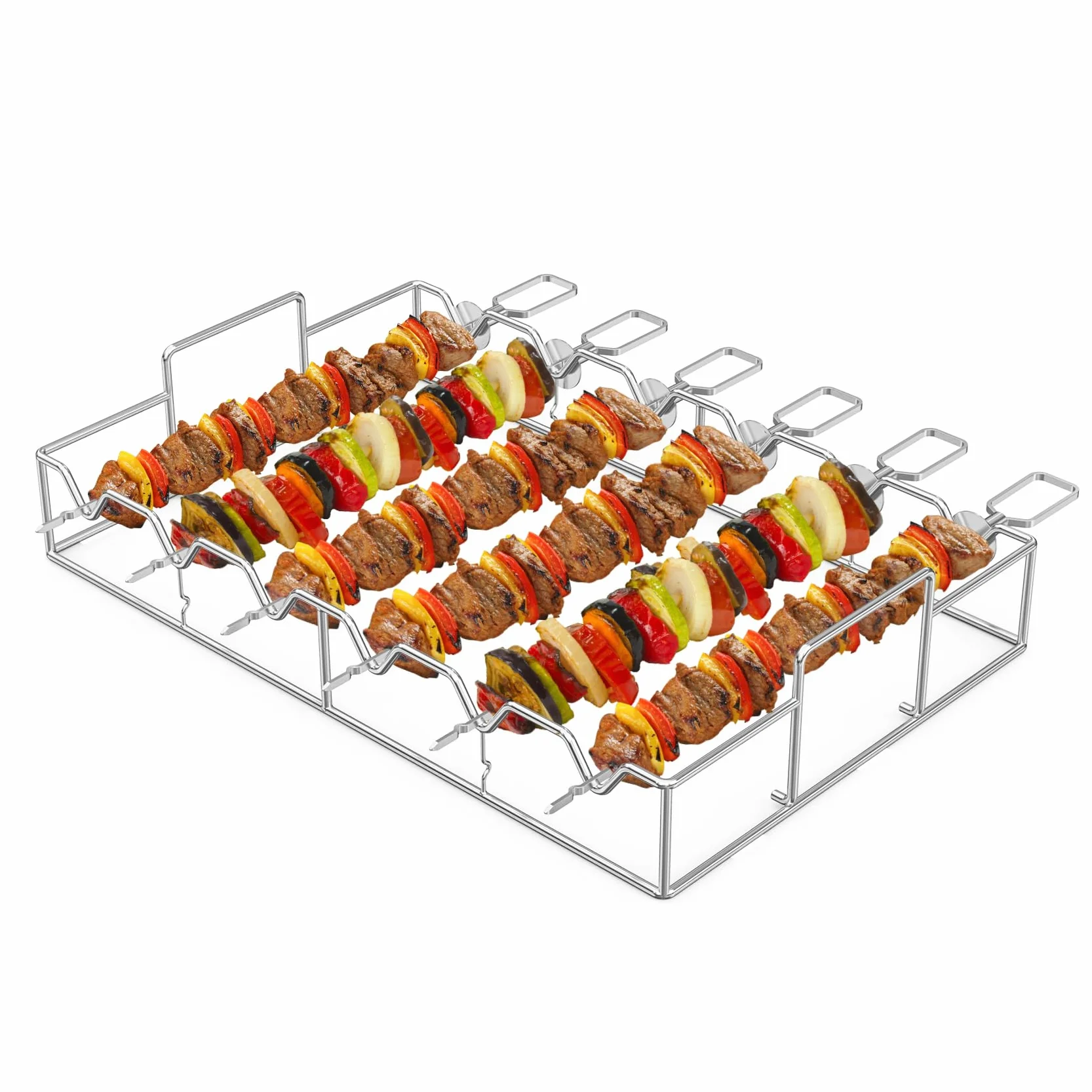 onlyfire Set de Brochettes pour Barbecue en Acier Inoxydable, Pic Brochette INOX avec Support, 6 Brochettes à Viande, Brochettes de Grillades pour Barbecue et Grille, pour Viande et Légumes