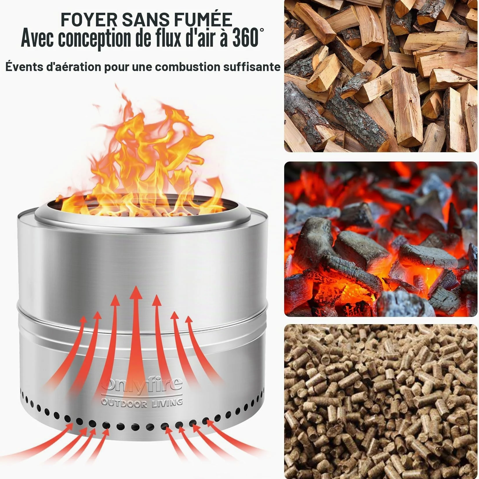 Onlyfire 50cm Foyers Extérieurs avec Sac de Transpor, Brasero Portable de sans émission de Fumée, Bac à Cendres Amovible, Acier Inoxydable, pour la Cour, Patio et Plage