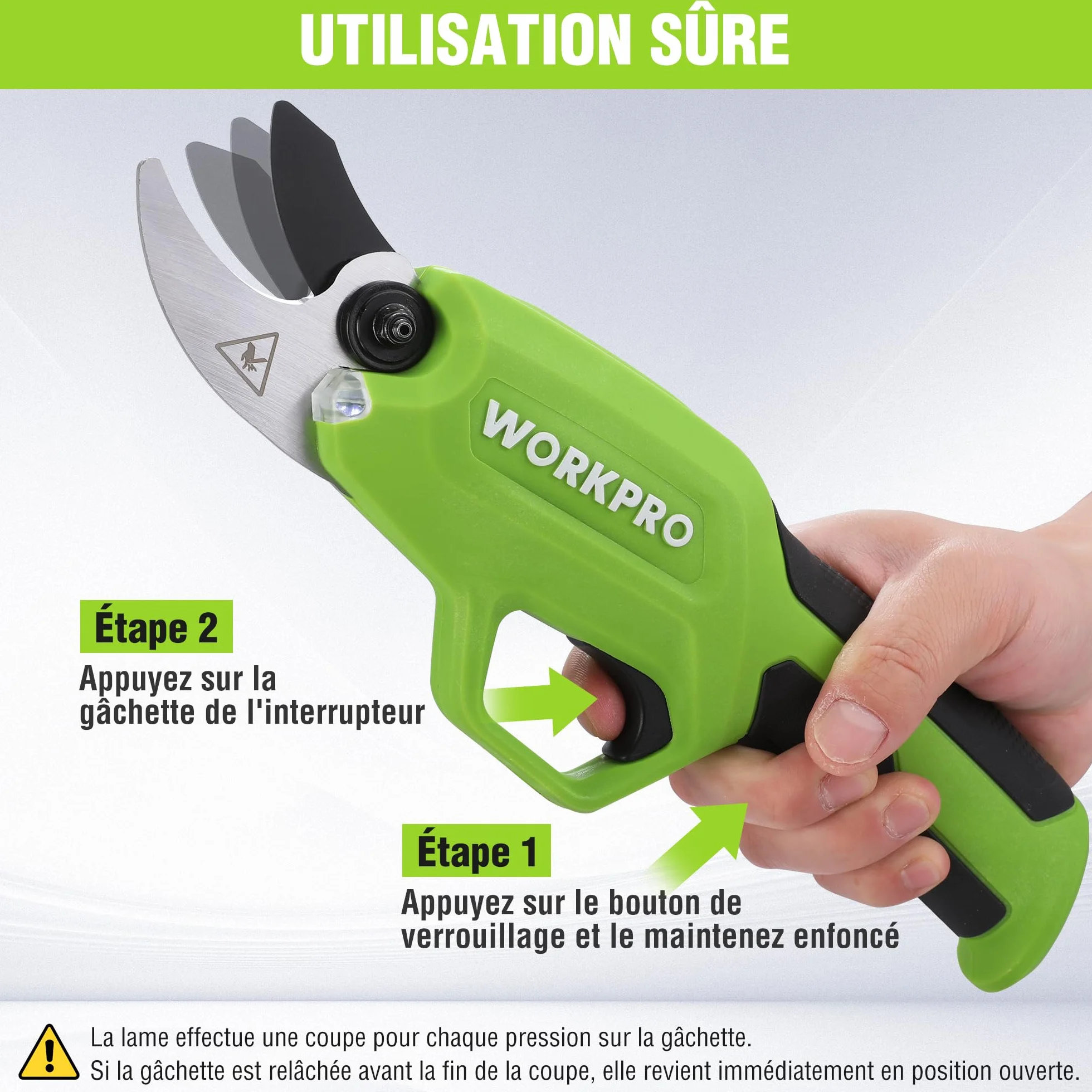WORKPRO Sécateur Électrique 7,2 V, Professionnel Secateur Electrique avec Lames en SK5, Batterie 2000 mAh, Diamètre de Coupe de 19 mm pour Jardins, Branches et Arbres Fruitiers