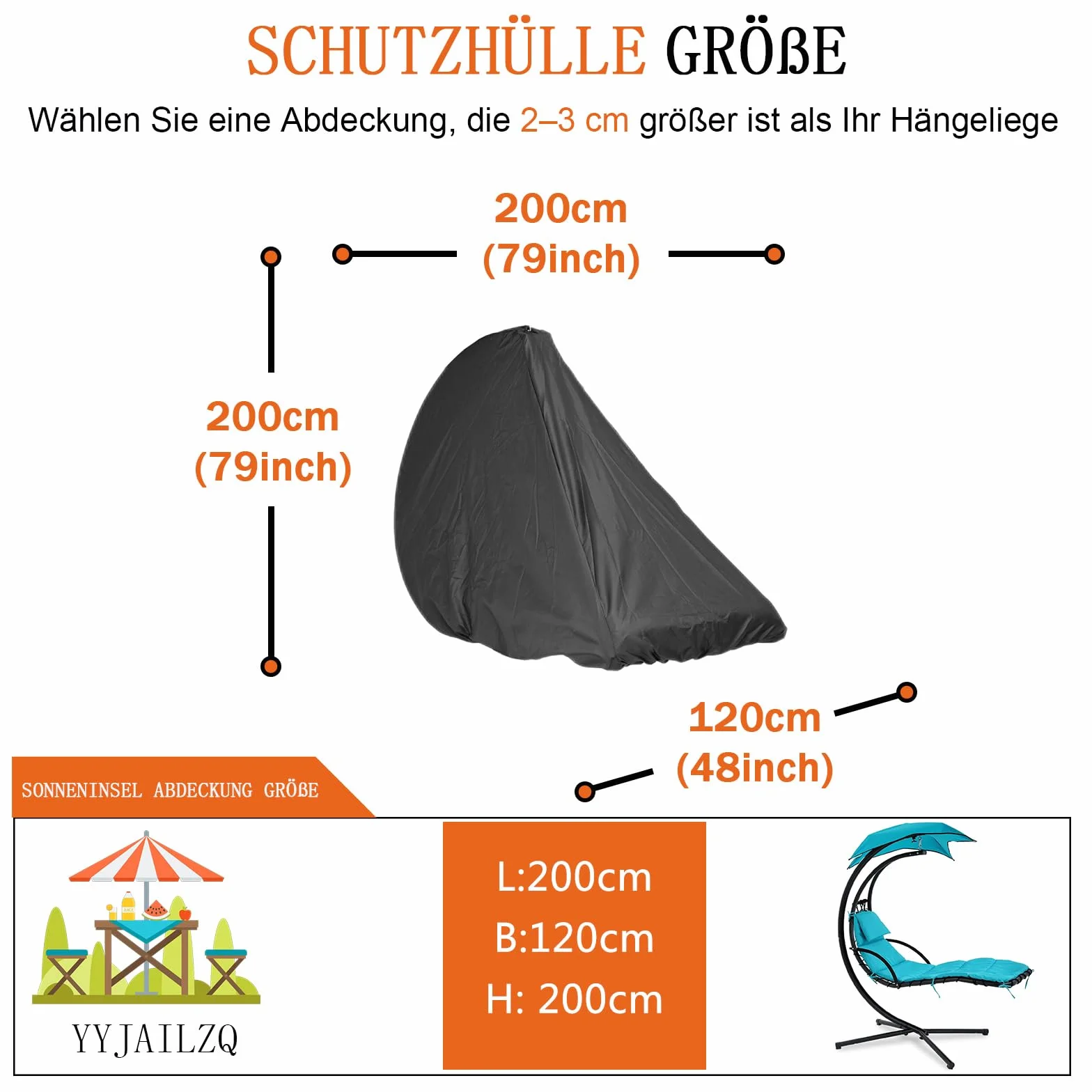 Housse Transat Suspendu Imperméable Anti-UV 420D Oxford Tissu Noir 200x120x200cm