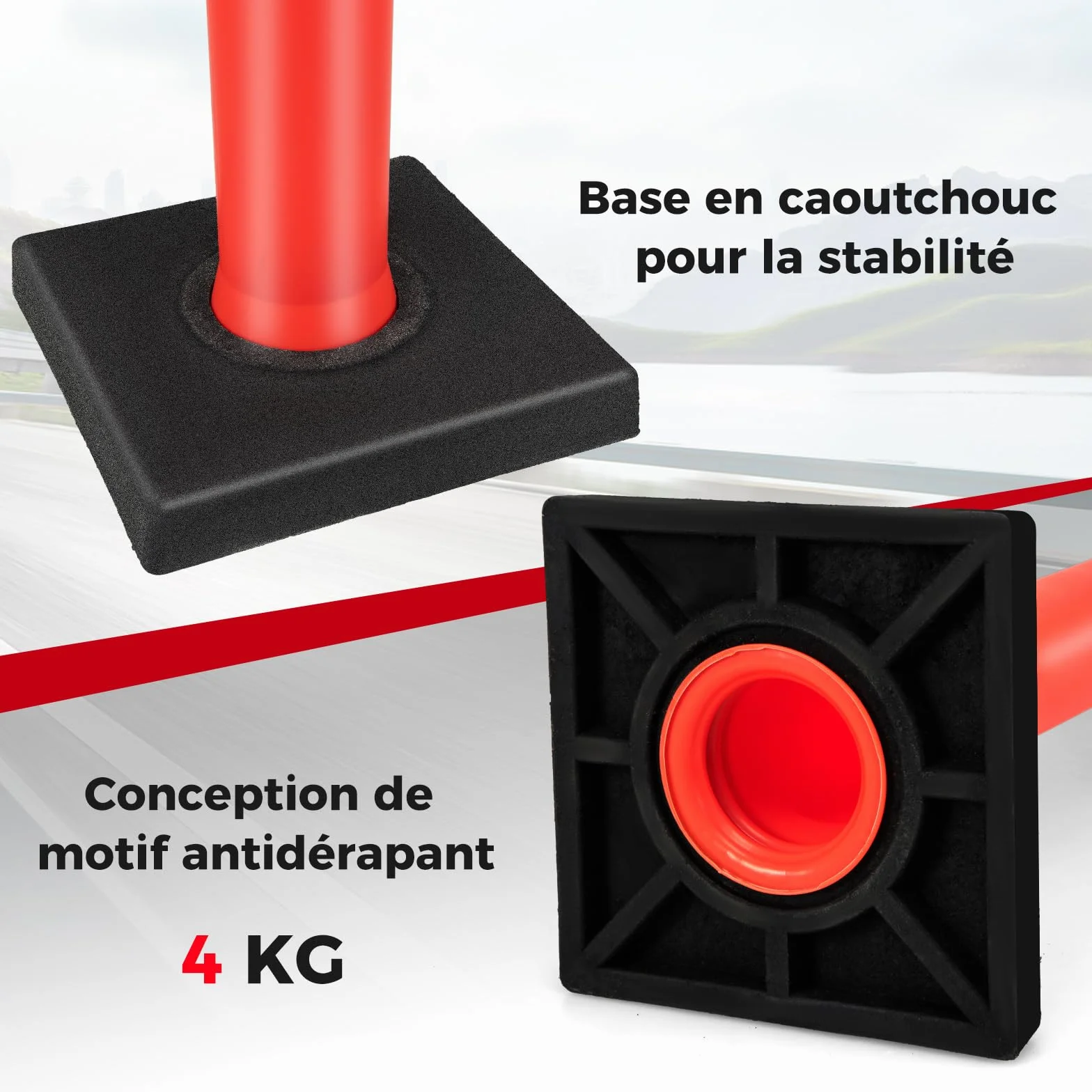 COSTWAY Poteau de Signalisation 3 Pcs Base en Caoutchouc 114,5 CM, Barrière de Sécurité Rouge Vif
