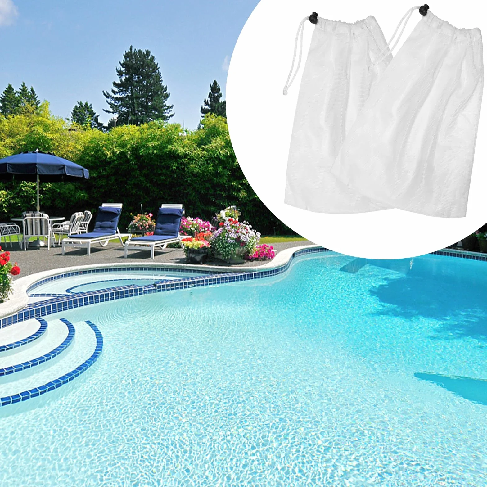 Lot de 2 sacs de collecte de rechange en filet,sacs d'aspirateur pour sol,sac en filet,avec cordon de serrage et fermeture pour le nettoyage des feuilles de piscine, UWW001, Blanc.
