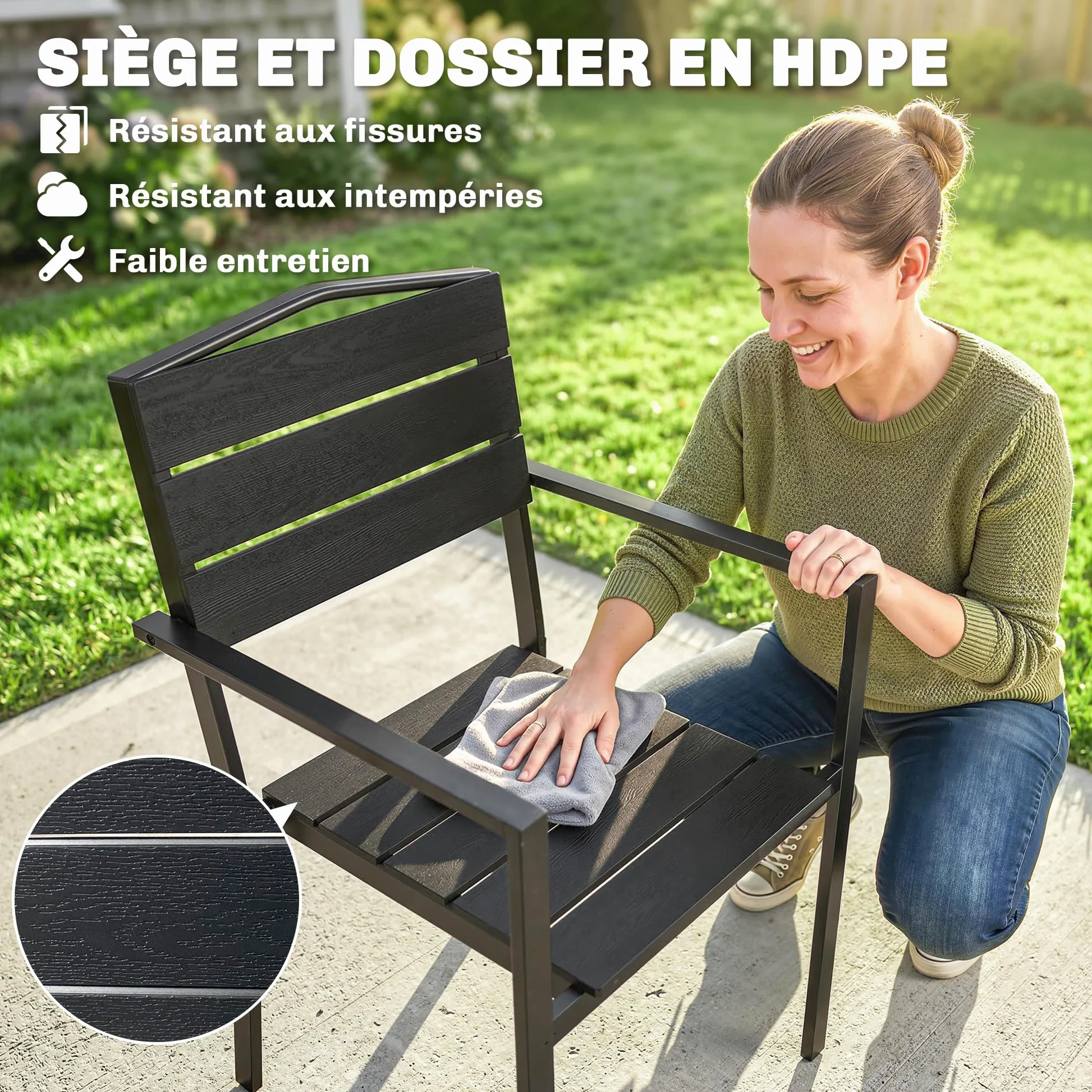 Outsunny Lot de 4 Chaises de Jardin Chaises de Salle à Manger Empilables - HDPE Effet Bois avec Accoudoirs Résistant aux Intempéries - Fauteuils Extérieurs pour Terrasse Balcon Repas Plein Air, Noir