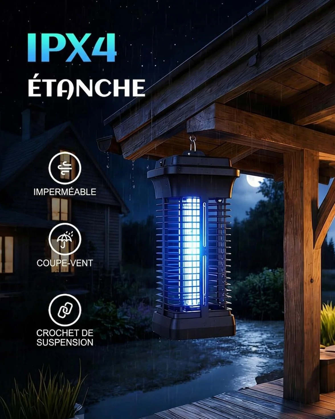 Lampe Anti Moustique Électrique 4200V, Zappeur d'Insectes UV, Tue Mouche Intérieur Extérieur IPX4 avec Crochet de Suspension