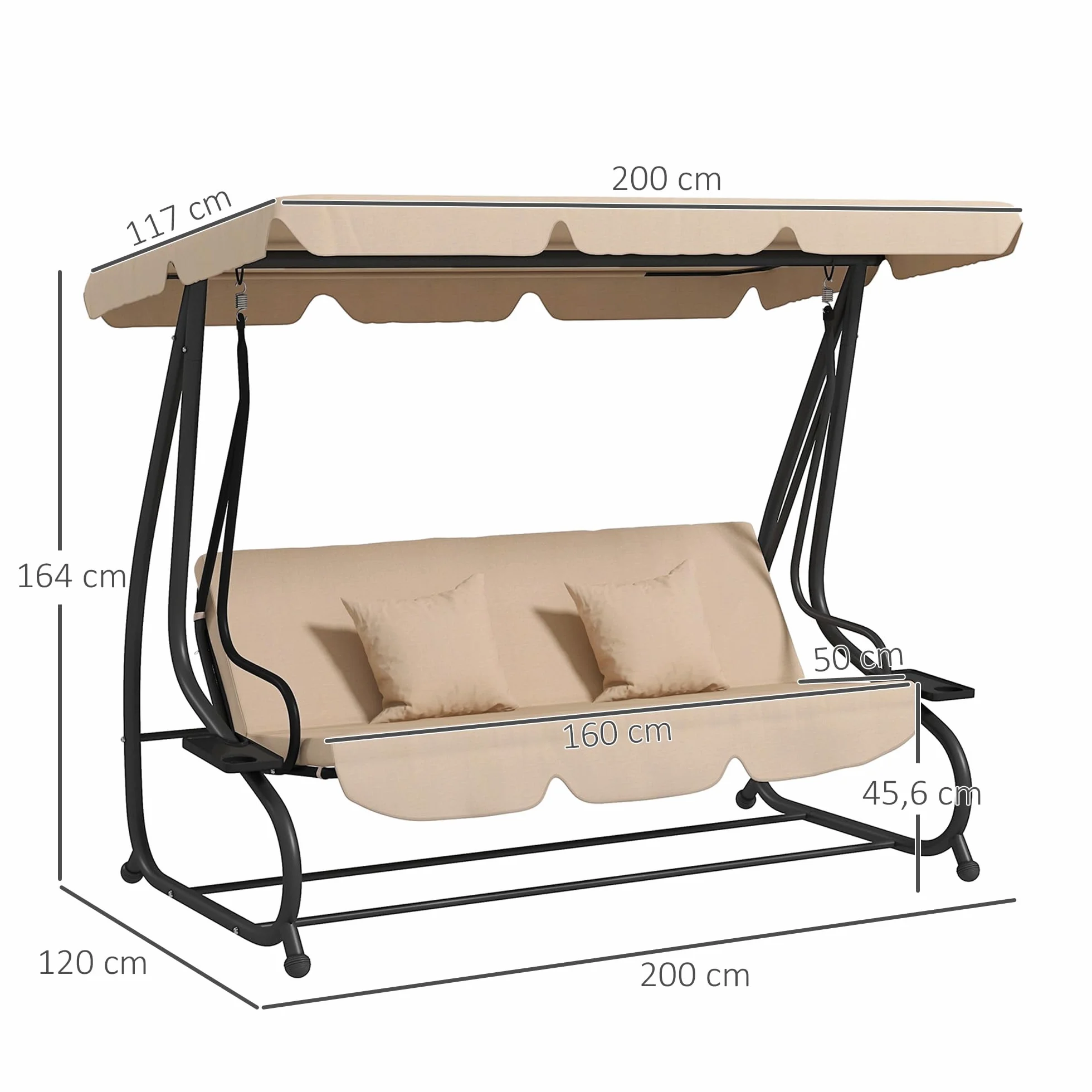 Outsunny Balancelle de Jardin 3 Places Convertible Toit Inclinaison réglable Métal Noir Polyester