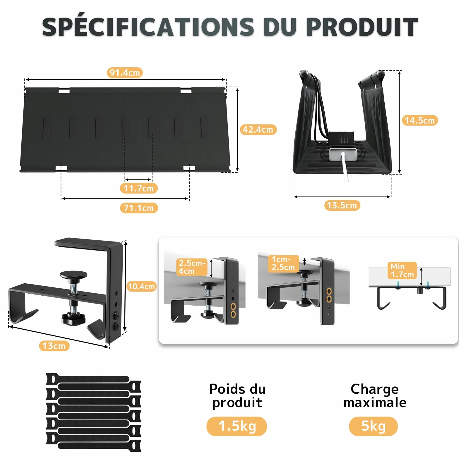 Cable Management Bureau Sans Perçage 90cm, Under Desk Cable Tray avec Fixation par Pinces/Vis, Range-Câbles Tissu Imperméable Noir
