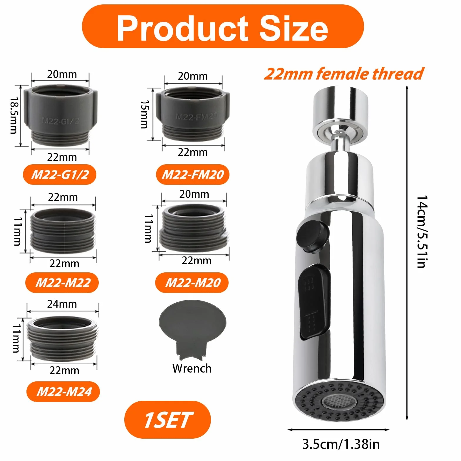 Aérateur de Robinet 360° 3 Modes Mousseur Robinet Économie Eau Cuisine Adaptateur Universel Orientable Argent