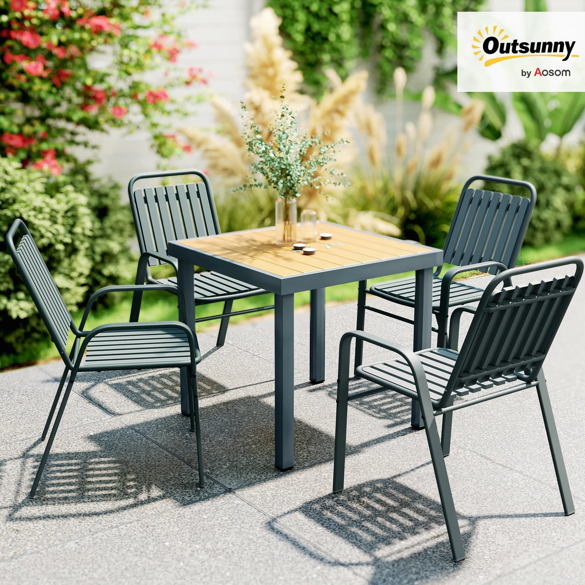 Outsunny Lot de 4 chaises de Jardin chaises empilables d'extérieur avec Haut Dossier et accoudoirs, Cadre en Acier pour Jardin, Piscine, terrasse, Gris