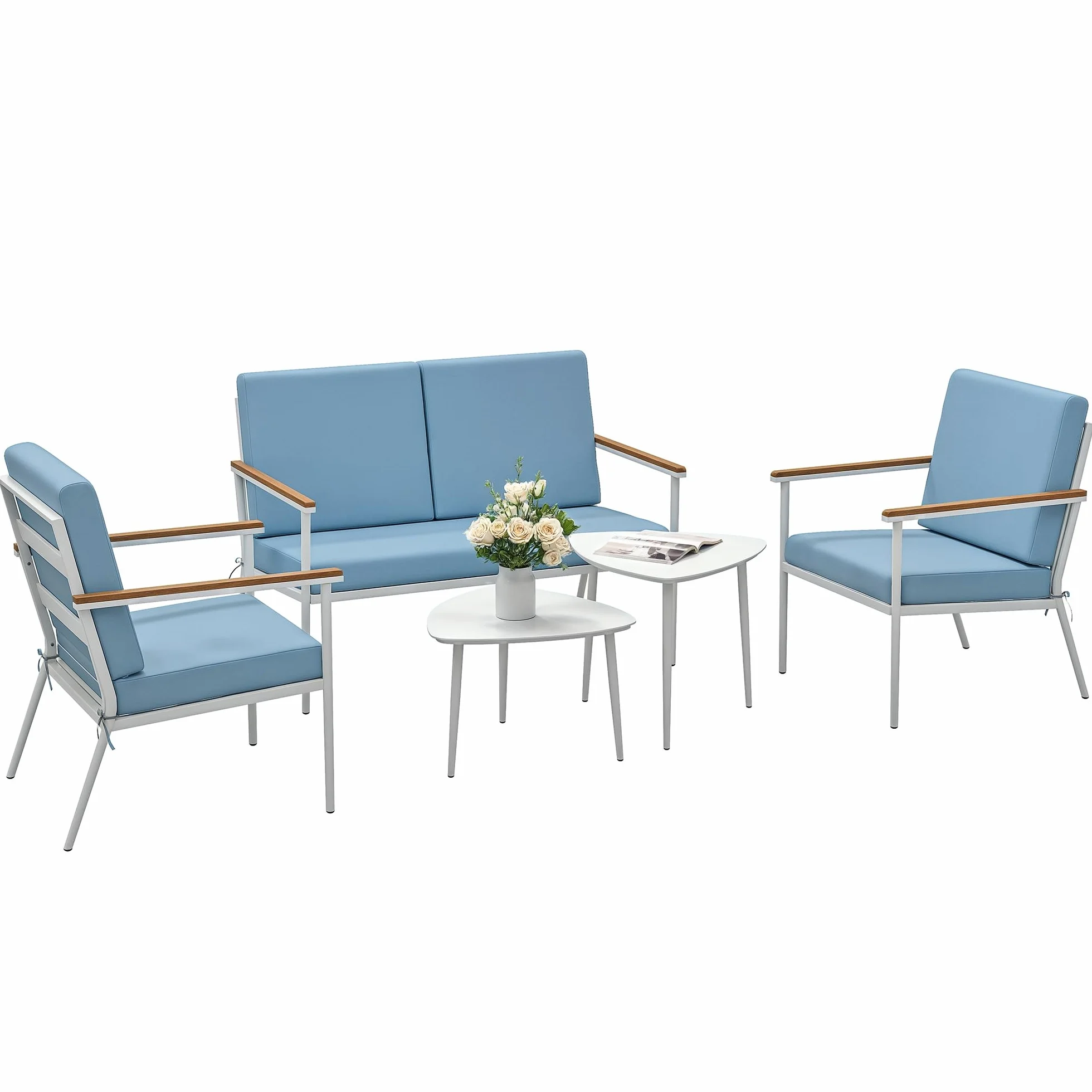 Outsunny Salon de Jardin extérieur 4 Personnes, Salon de Balcon 5 pièces avec canapé, 2 fauteuils et 2 Tables Basses en Verre trempé, Coussins Inclus, mobilier de Jardin Patio terrasse, Bleu Clair