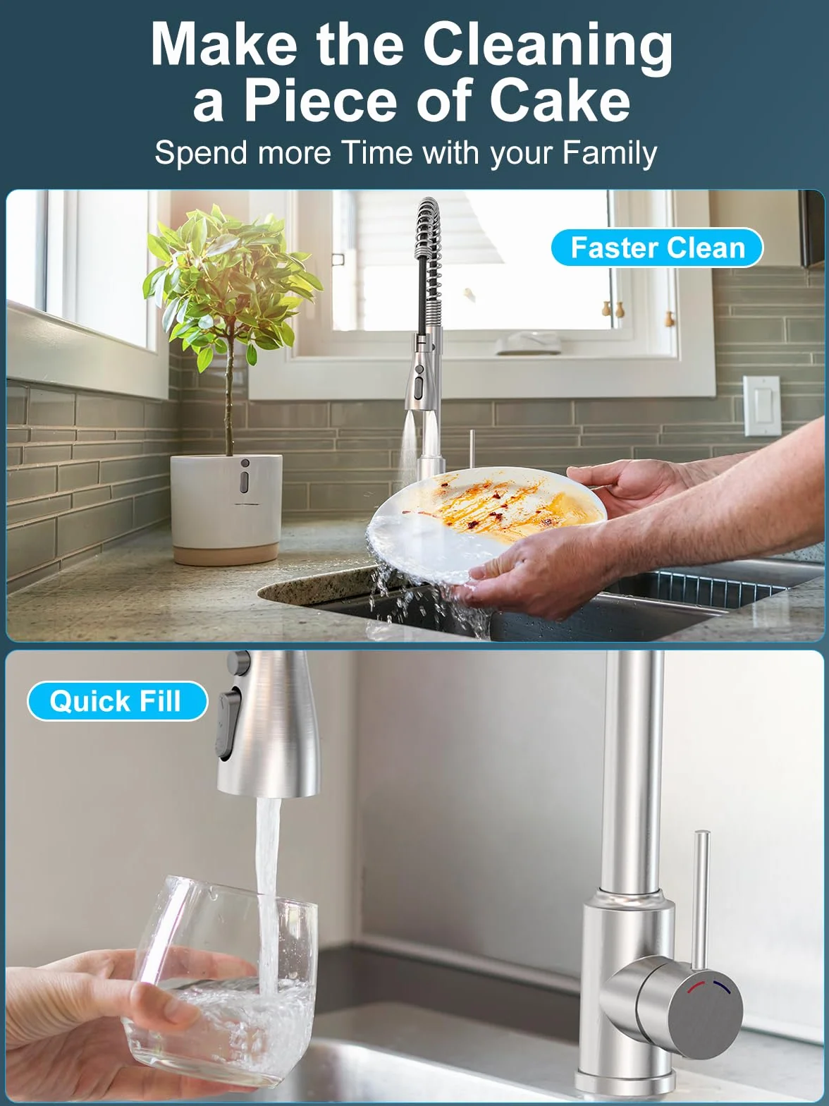 Robinet Cuisine Acier Inoxydable, Mitigeur avec Douchette, Bec Pivotant 360°, 4 Modes, Arc Élevé