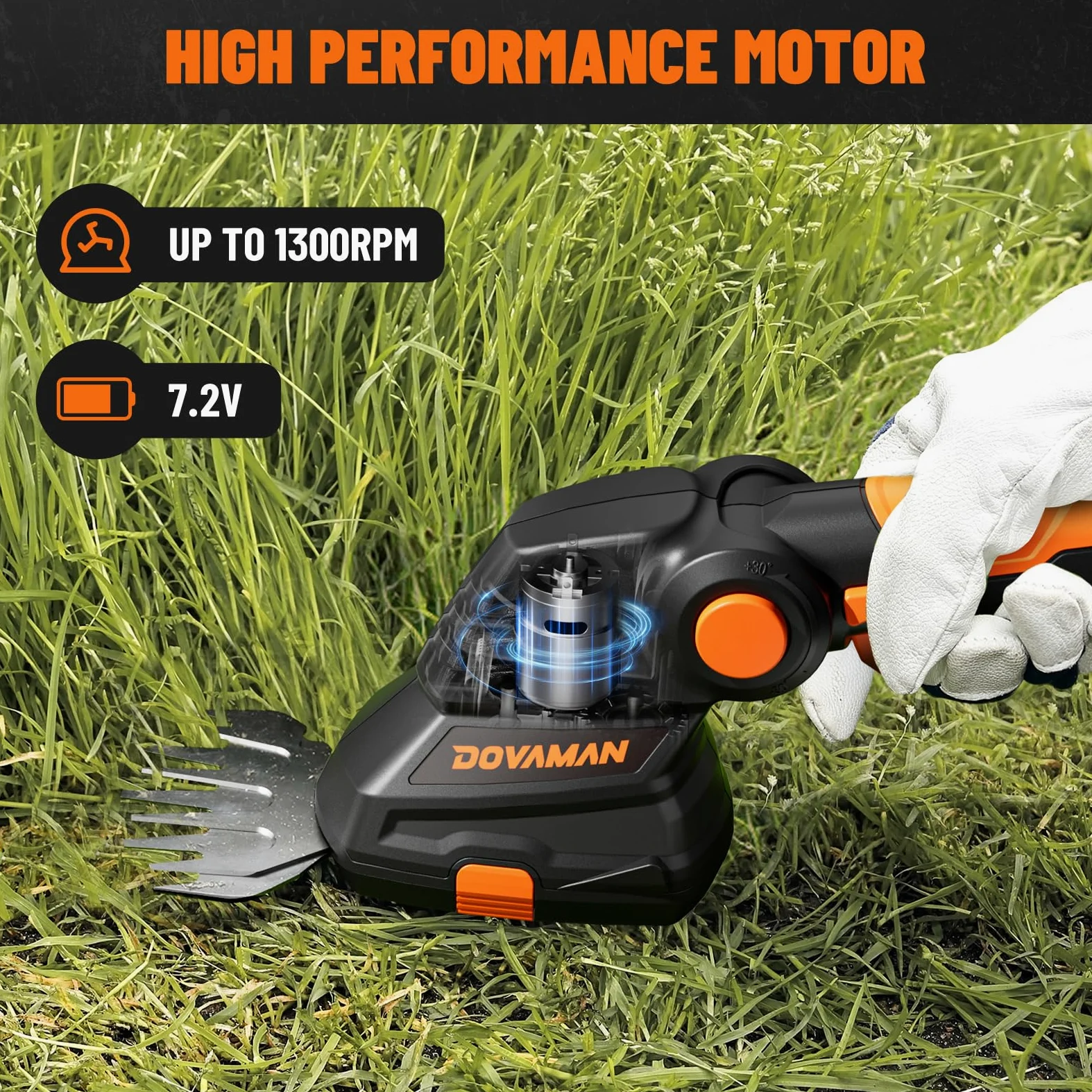 DOVMAN GS03C 3 en 1 Cisaille Électrique, Ensemble de Poignée Télescopique, Charge Rapide de 80 Min, Poignée Réglable en Angle, Cisaille à Gazon sans Fil Portable 7,2V Idéale pour Couper l'herbe
