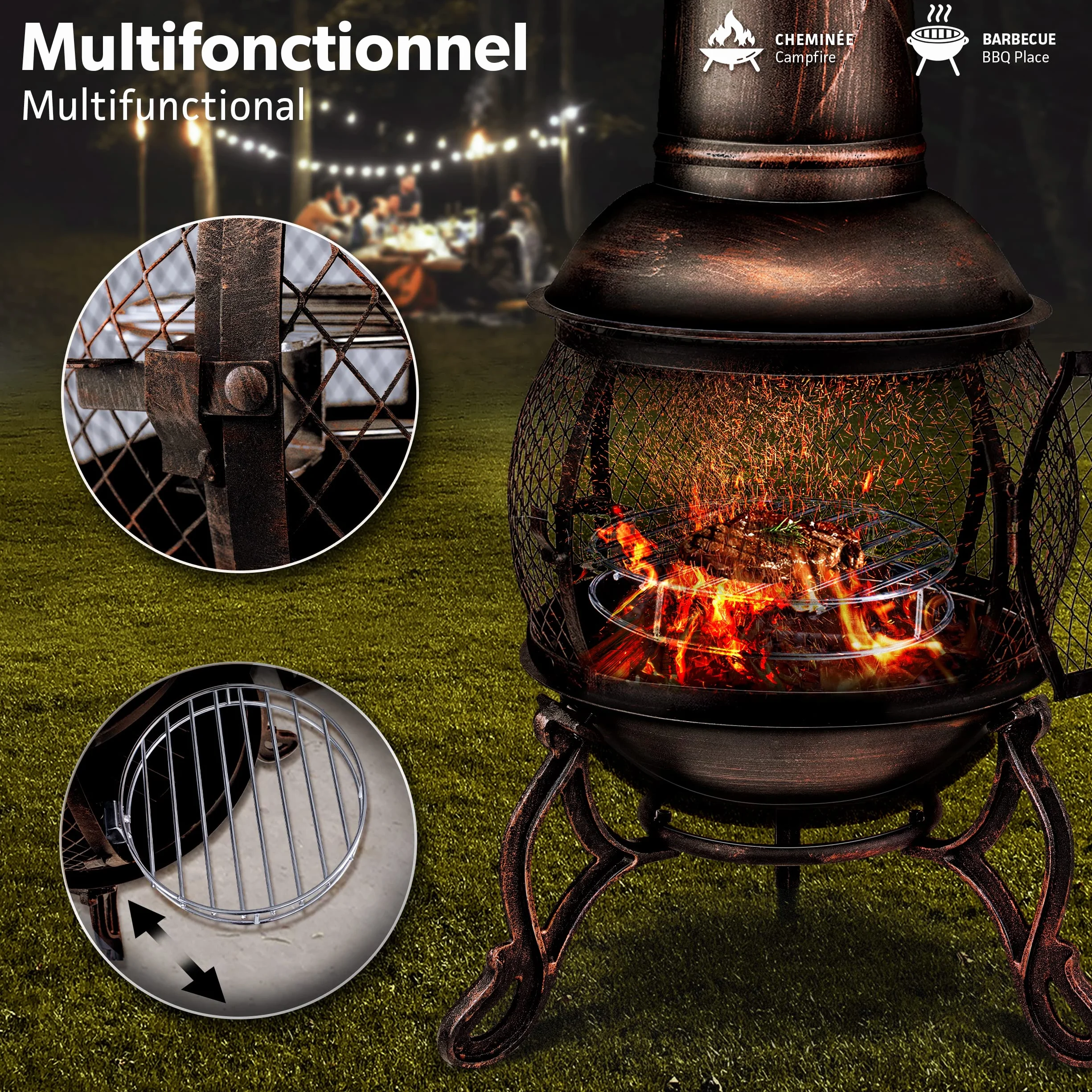 tillvex Cheminée de terrasse extérieure avec Grill | Brasero Mexicain avec Pare-étincelles | Chauffage de Jardin avec Housse | Poêle à Bois | Tisonnier + Grille, BBQ + Accessoires XXL (Bronze, 90)