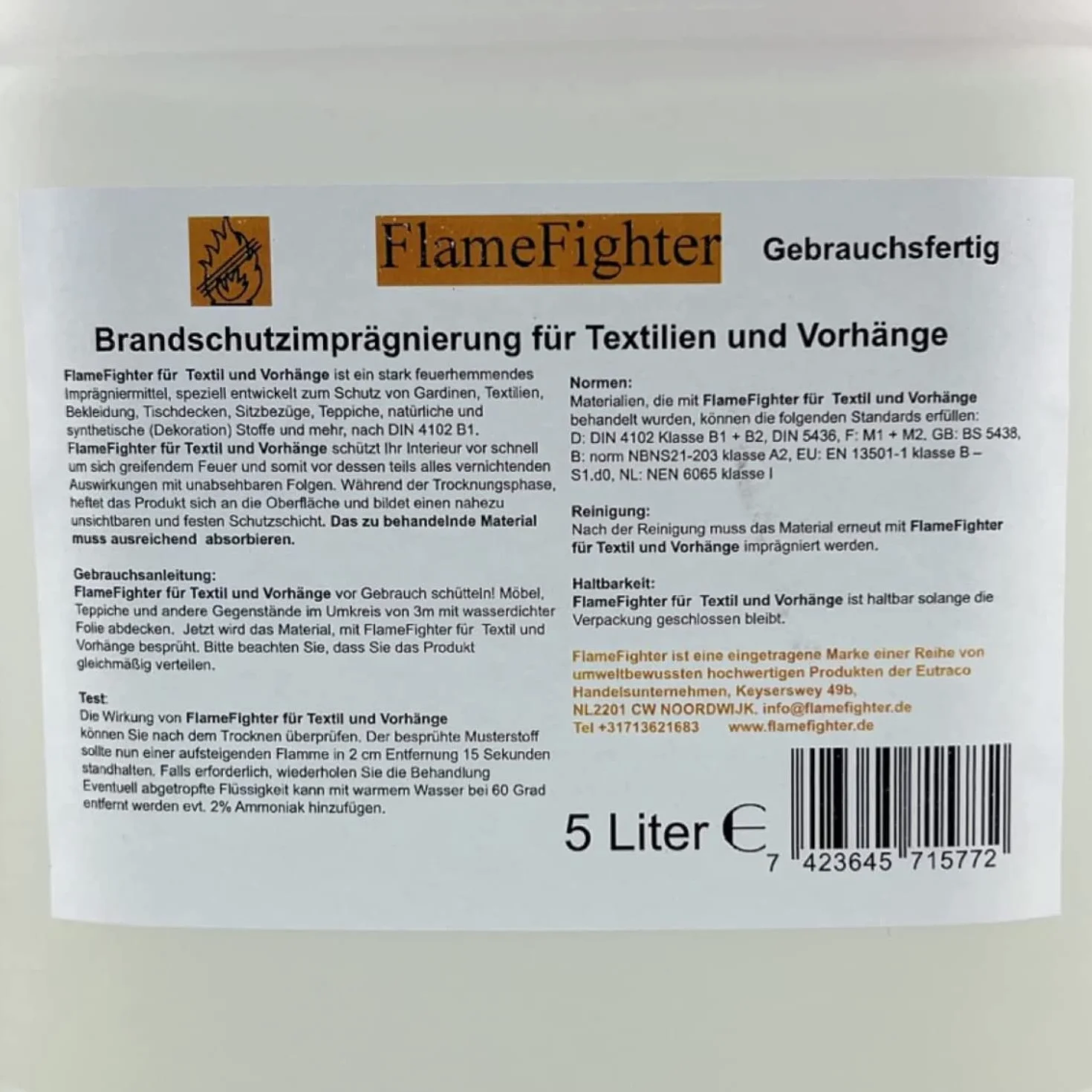 FlameFighter Imprégnation Ignifuge 5 litres Textiles Rideaux Protection Incendie DIN 4102 B1