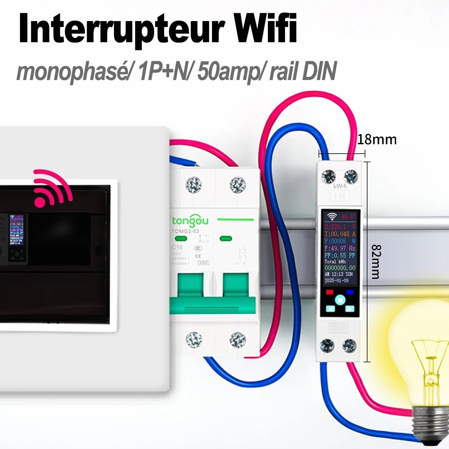 TONGOU Compteur Électrique WiFi Commutateur Rail Din 1P+N 1-50A 230VAC Smart Meter Compatible Alexa
