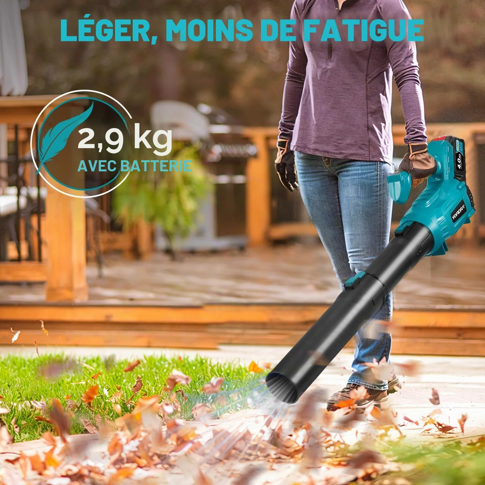 Souffleur de Feuilles sans Fil 400 km/h Moteur sans Balais 25000 TR/MIN 6 Vitesses 2 Batteries