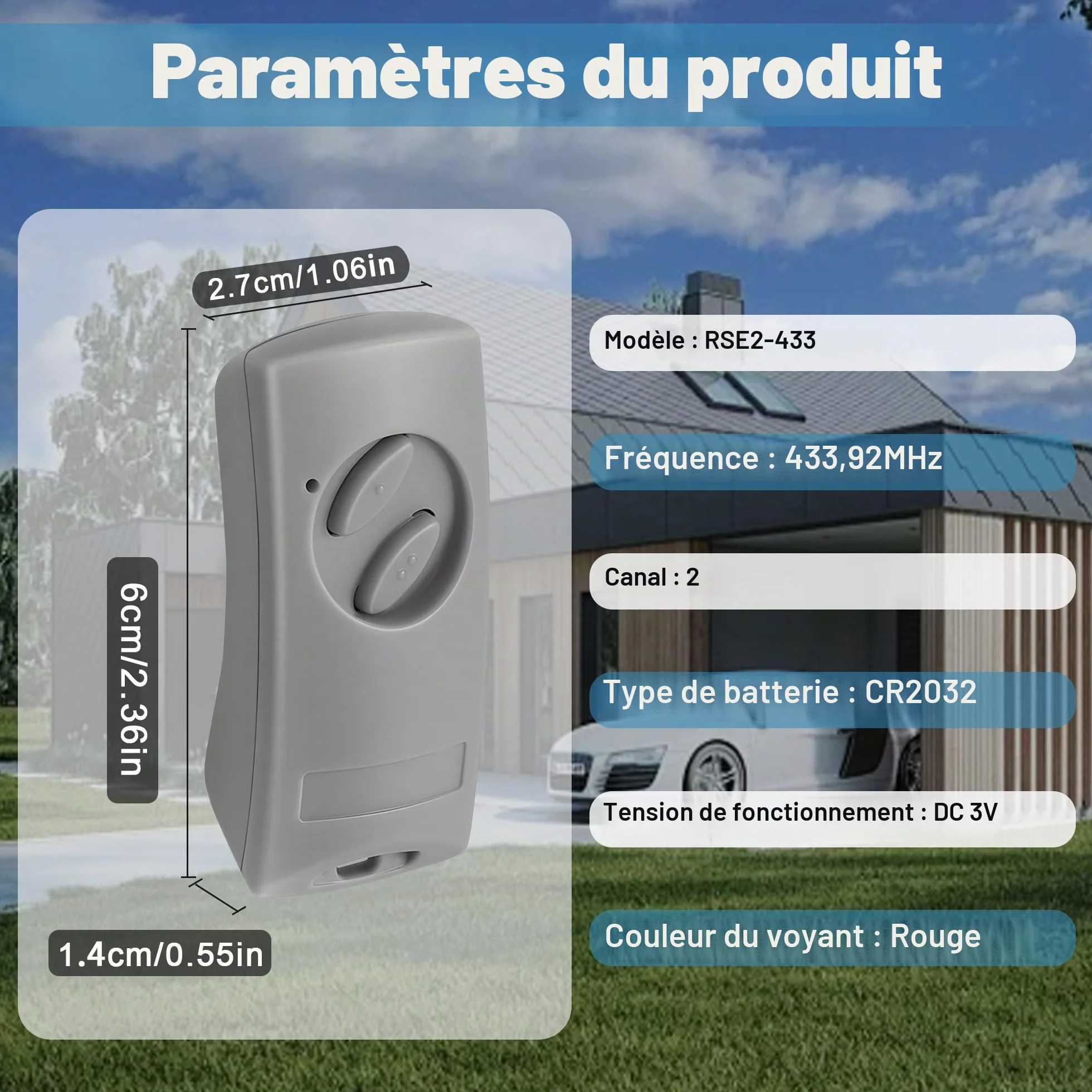 Telecommande Portail EcoStar RSE2-433 RSC2-433 RSZ1-433 Compatible Hormann Ecostar Liftronic TUBAUTO EuroPro 500-800 Portronic D2500 D5000 S4000 2 Pieces